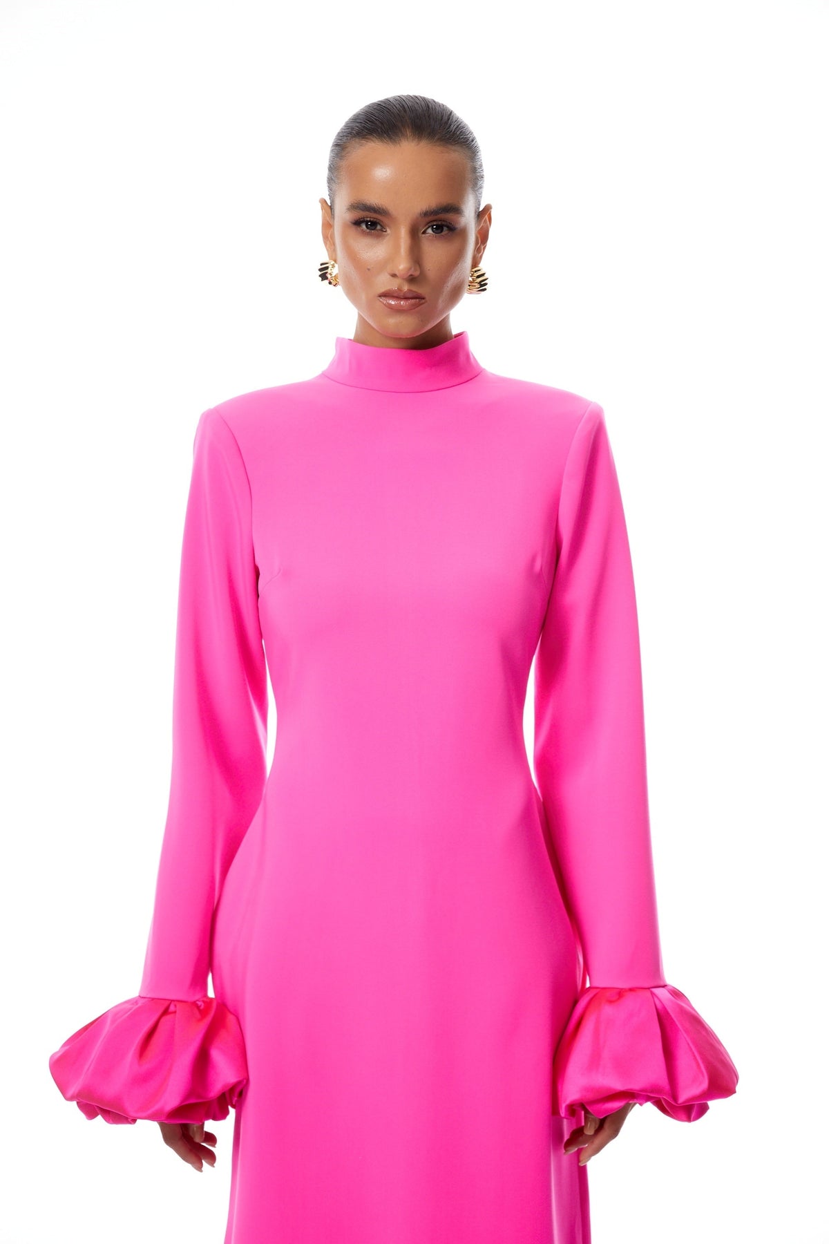 Eugenia Hot Pink Petal Cuff Maxi Dress