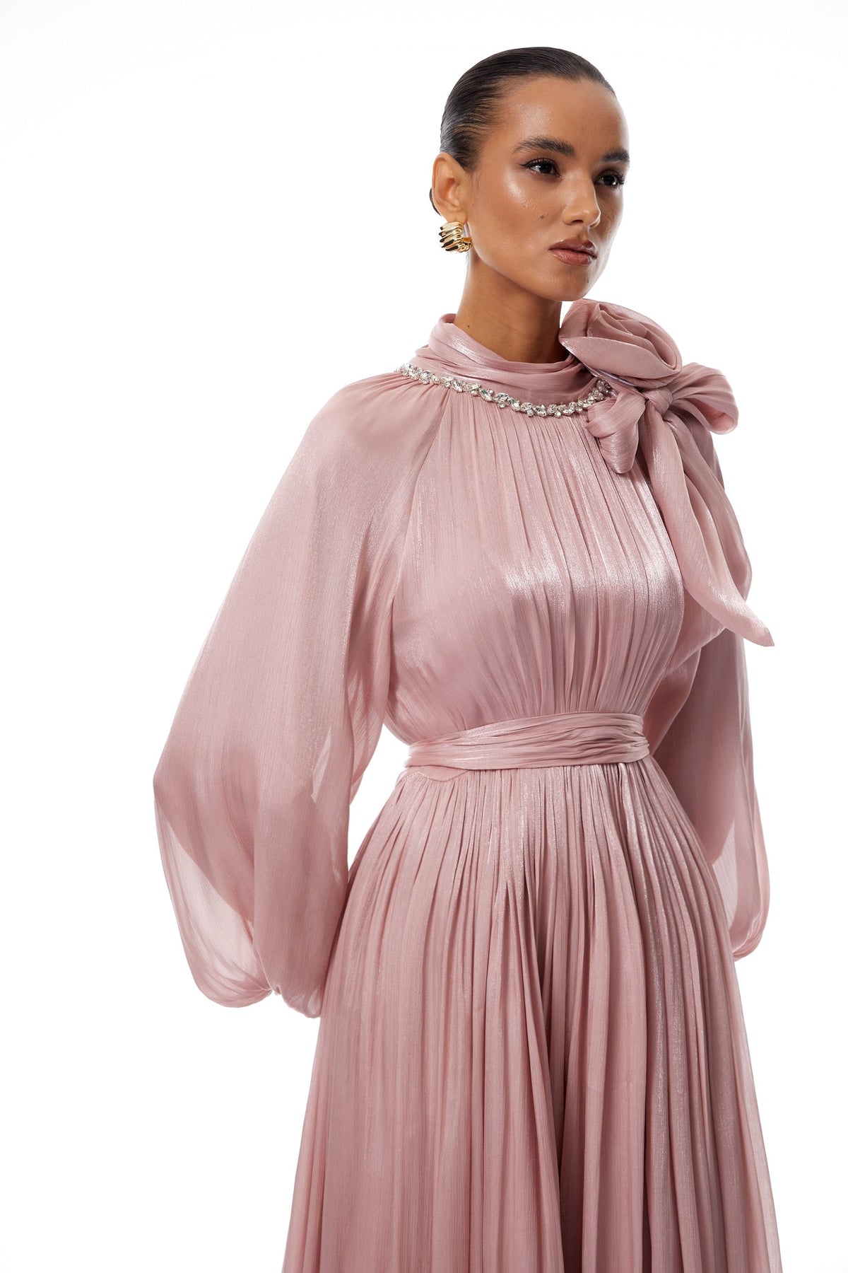 Birna Pink Floral Pleated Glossy Maxi Dress (Final Sale-US Only)