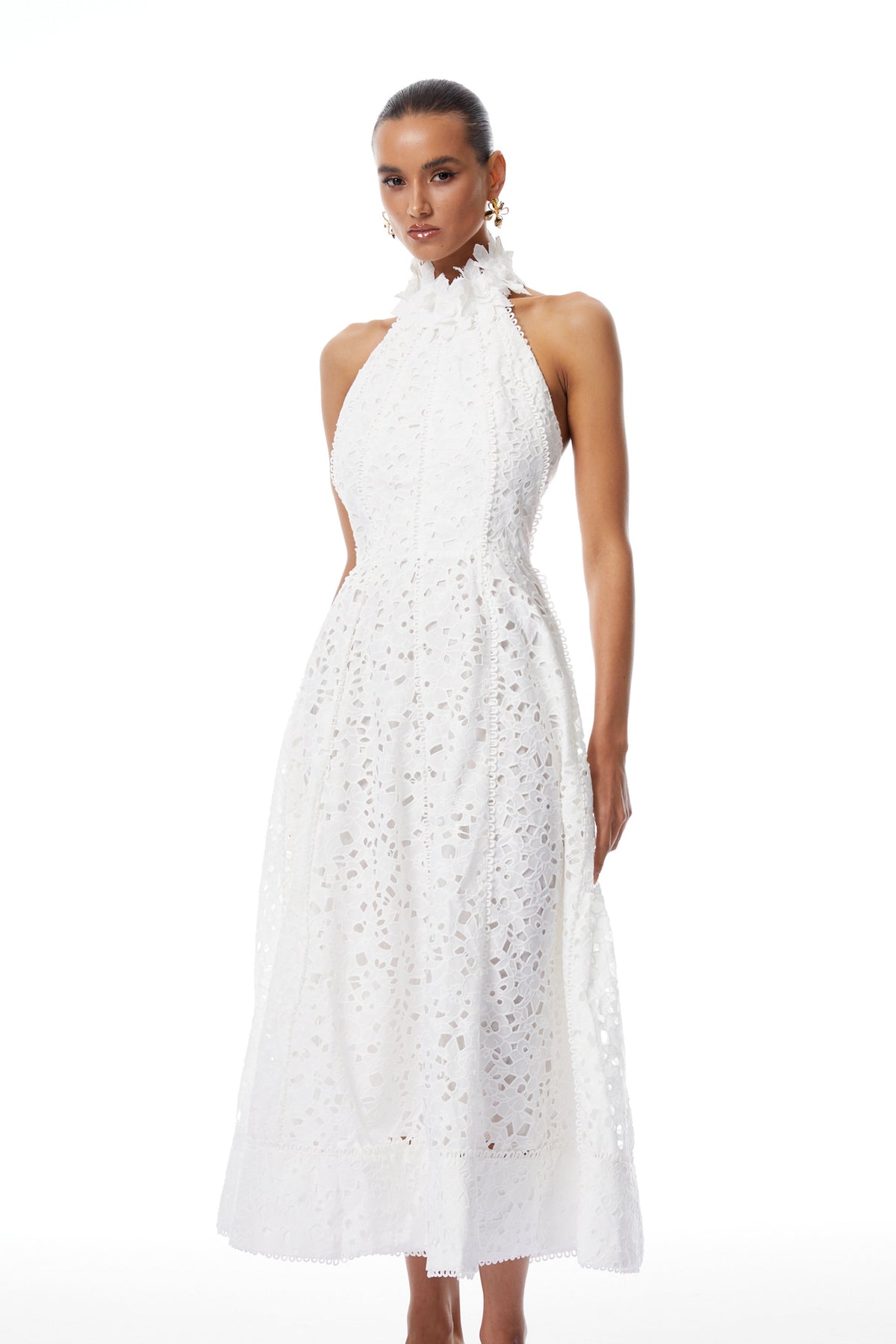 Solene White Halterneck Corded Lace Midi Dress