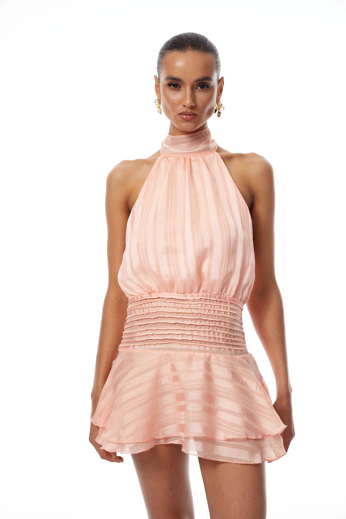 Ginevra Pink Halterneck Pleated Chiffon Mini Dress (Final Sale-US Only)
