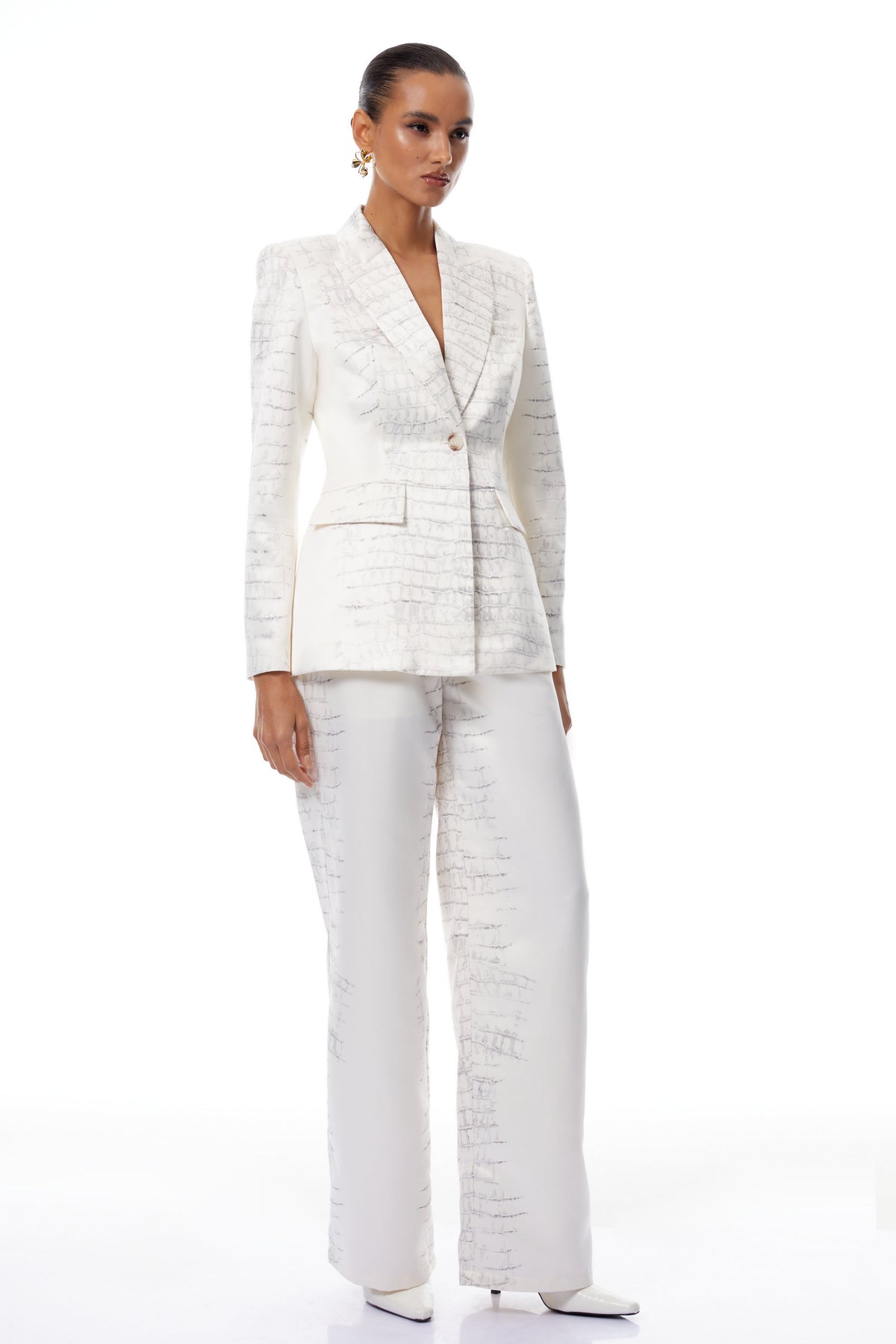 Abril White Crocodile Print Blazer & Trousers Set
