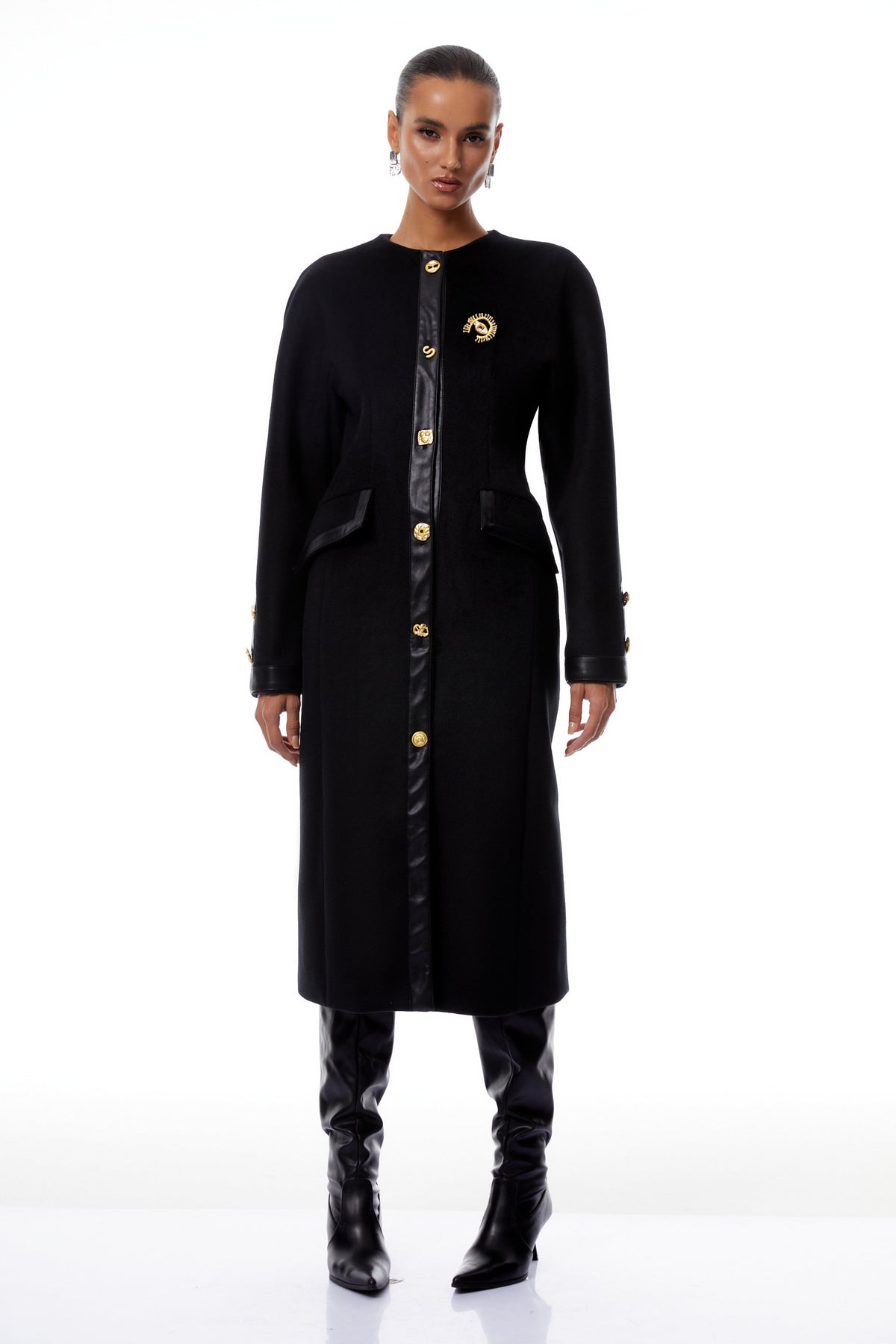 Stefania Black Decorative Button Tweed Overcoat (Final Sale)
