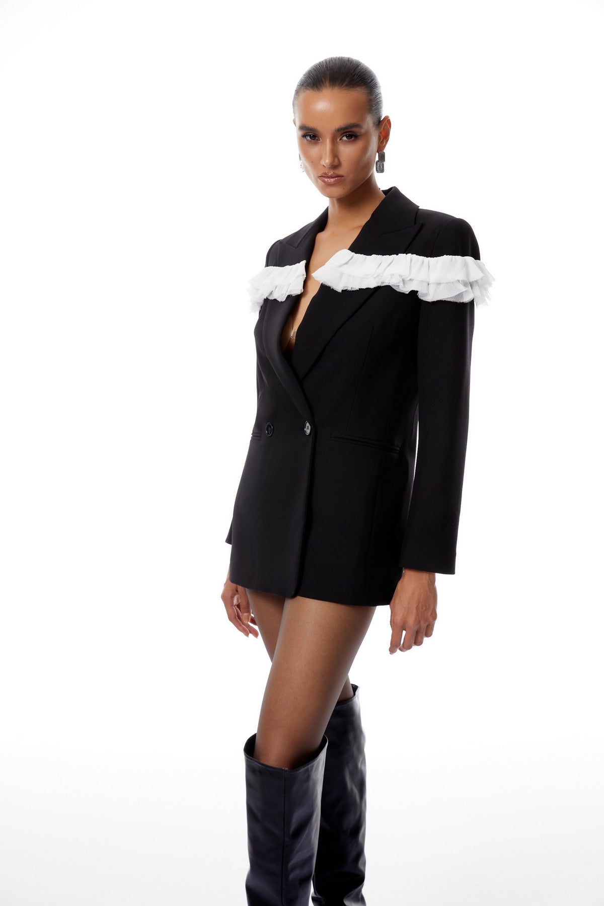 Violette Black Ruffled Mesh Panel Blazer (Final Sale)