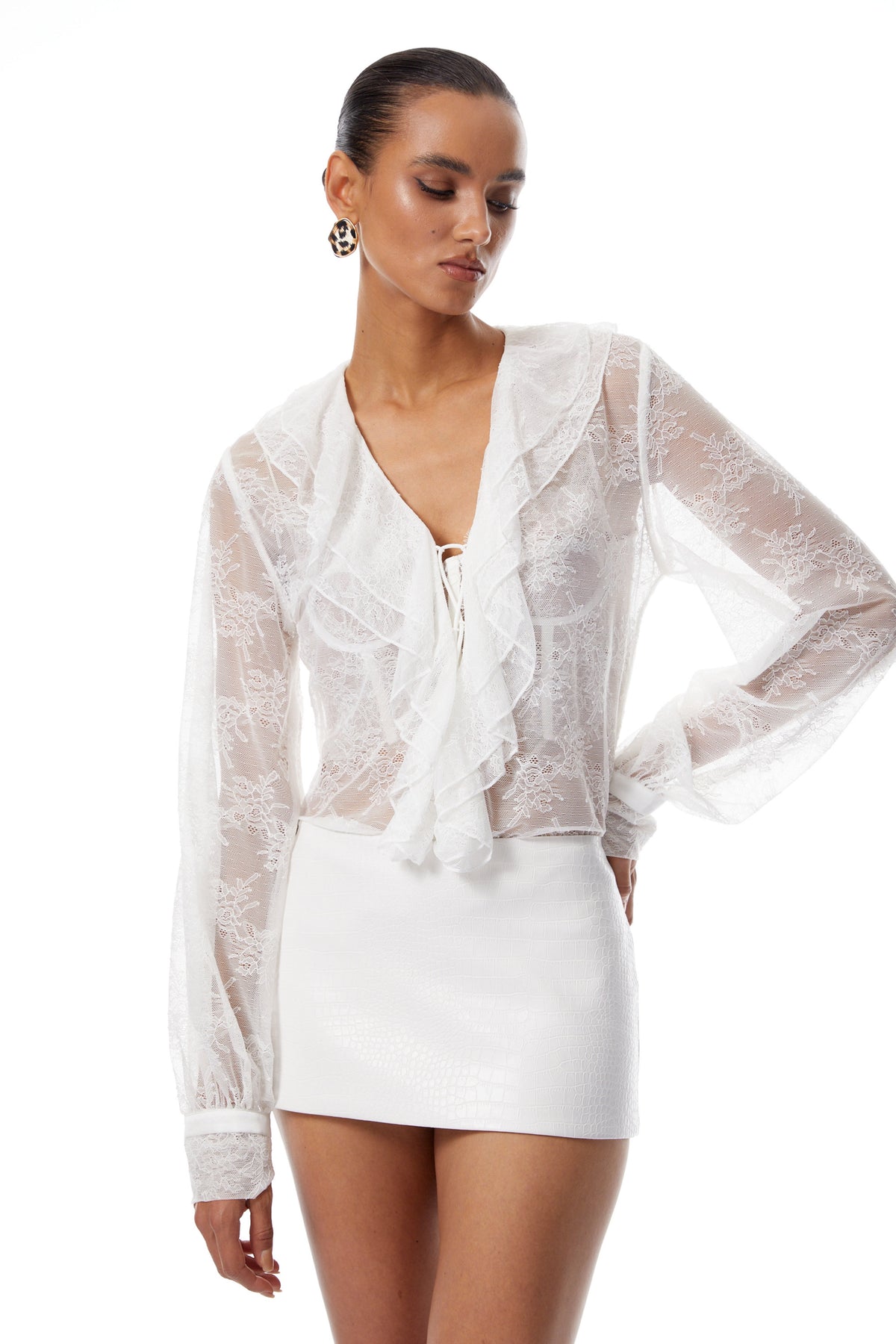 Vanessa White Floral Lace Blouse & Leather Skirt Set