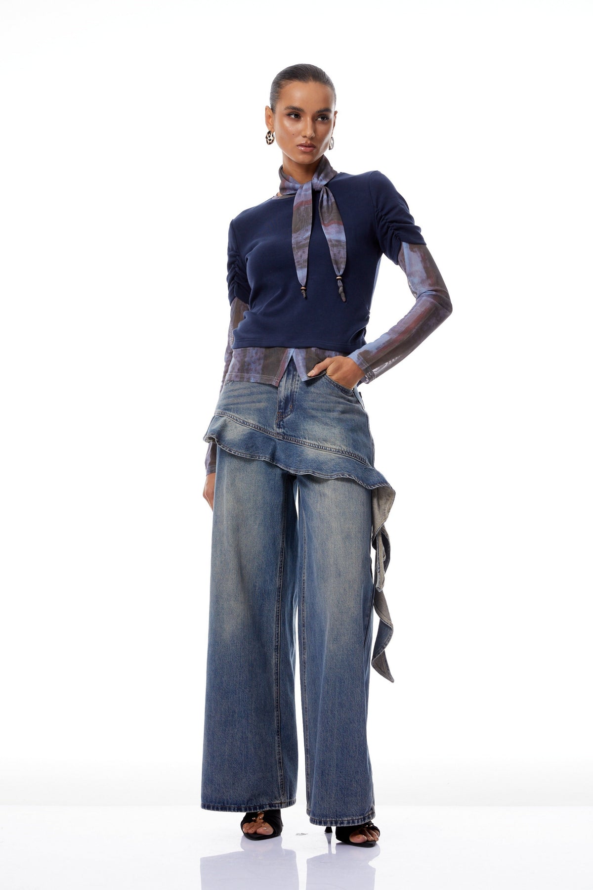 Claudia Blue Neck-Scarf Tie-Dye Panel Blouse
