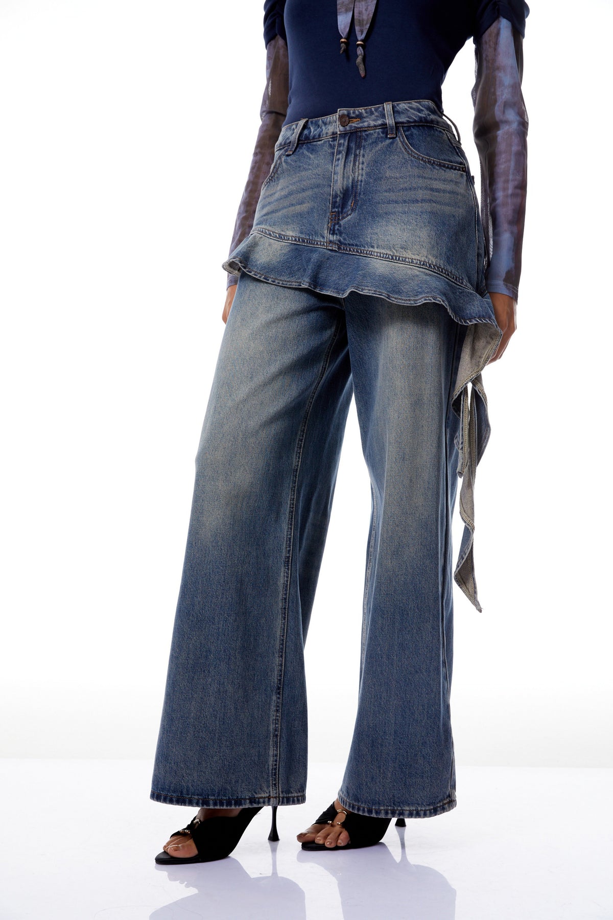 Zsófia Blue Ruffled Ribbon Detail Denim Jeans