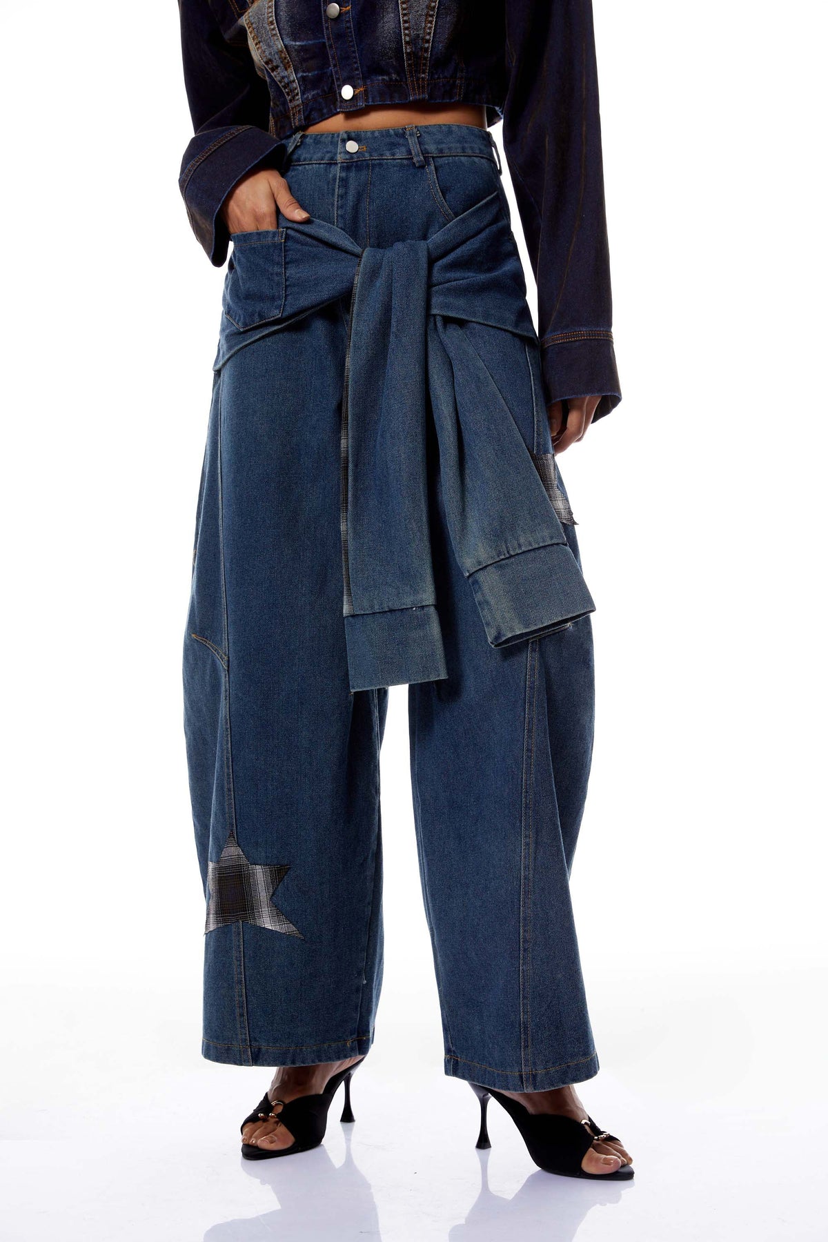 Justine Blue Checked Patchwork Baggy Jeans