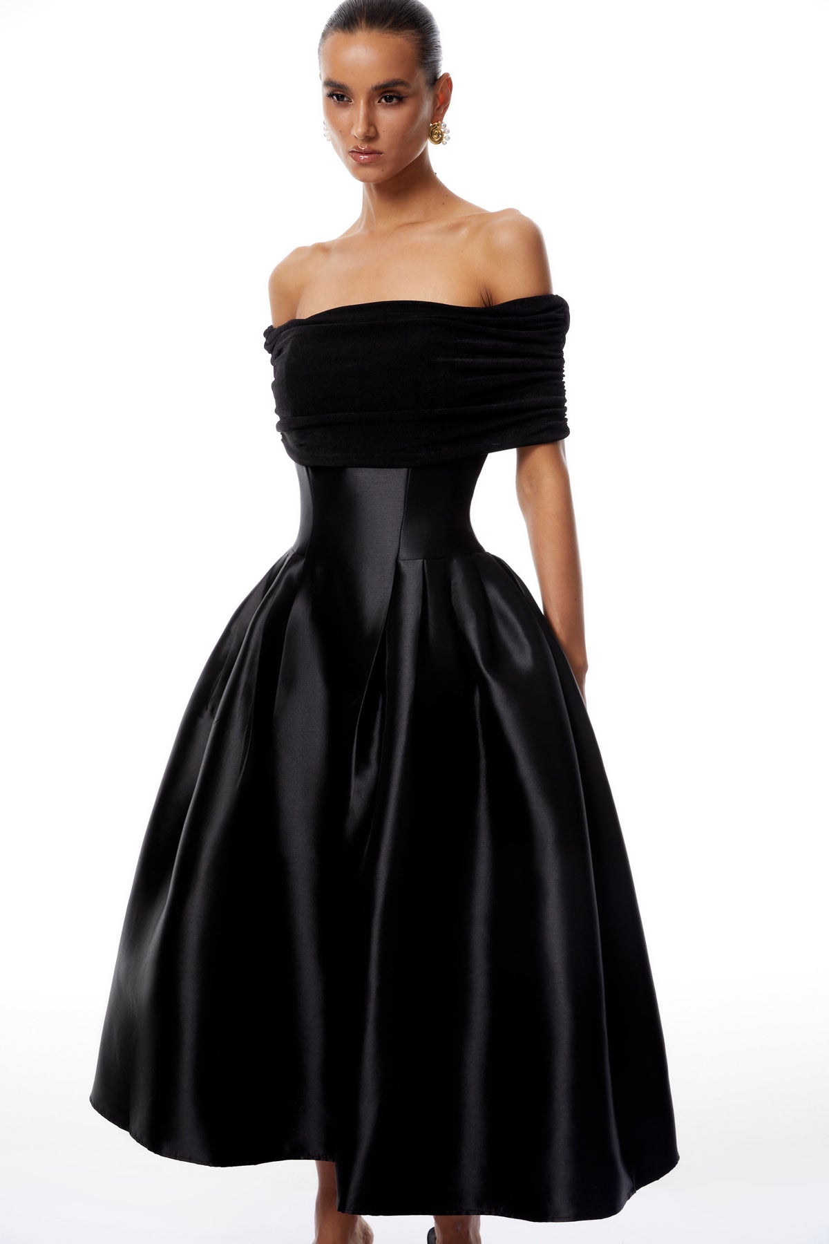 Ainara Black Off Shoulder Polished Midi Dress