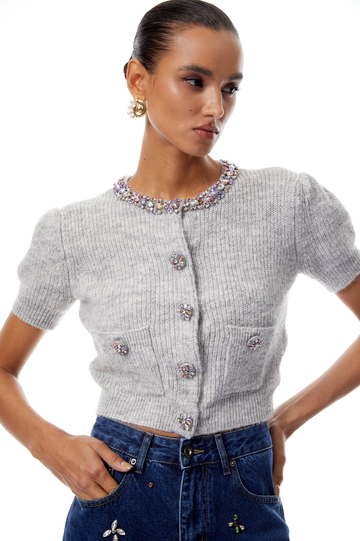 Camille Grey Embellished Ribbed Knit Crop Top