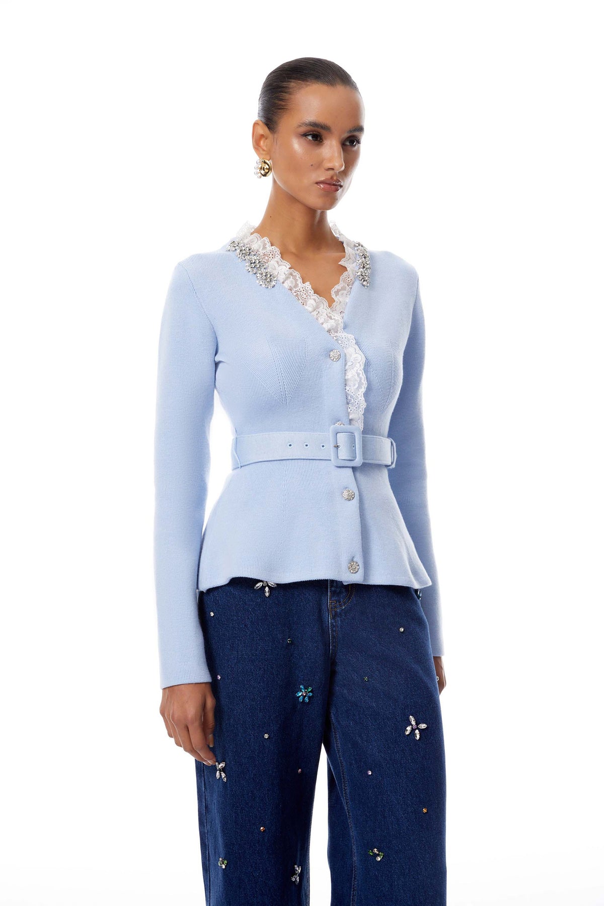 Irina Blue Embellished Ruffled Ribbed Knit Cardigan (Final Sale-US Only)