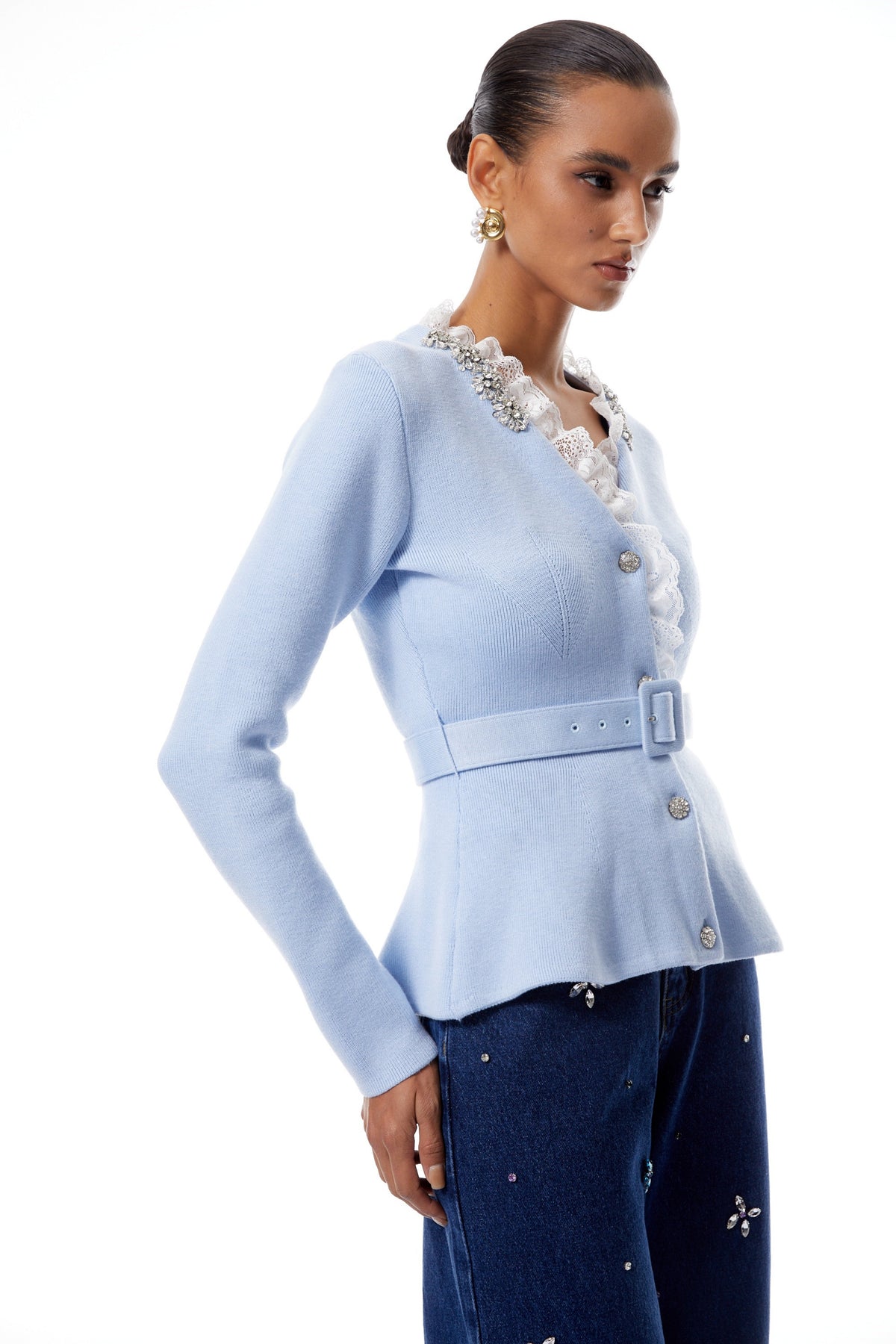 Irina Blue Embellished Ruffled Ribbed Knit Cardigan (Final Sale)