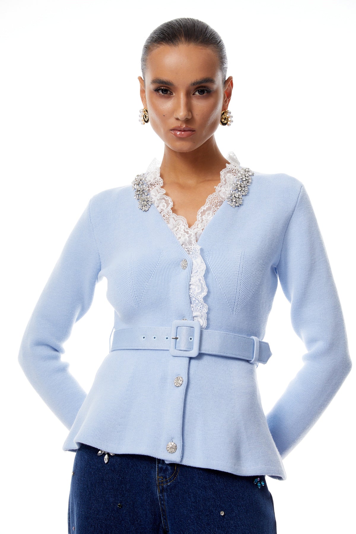 Irina Blue Embellished Ruffled Ribbed Knit Cardigan (Final Sale-US Only)