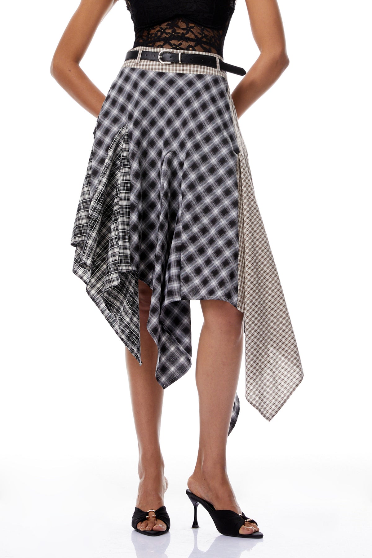 Laia Black Asymmetrical Checked Patchwork Midi Skirt