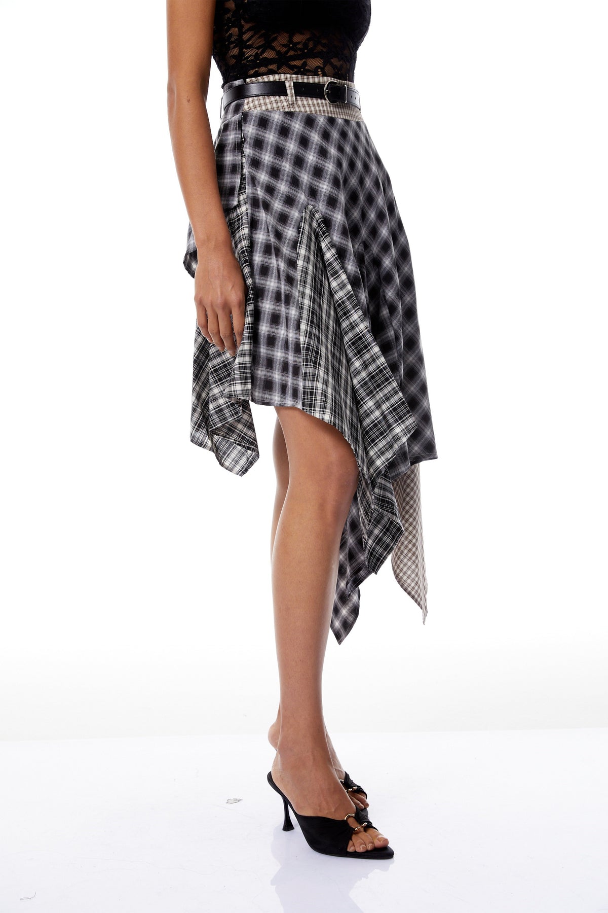 Laia Black Asymmetrical Checked Patchwork Midi Skirt