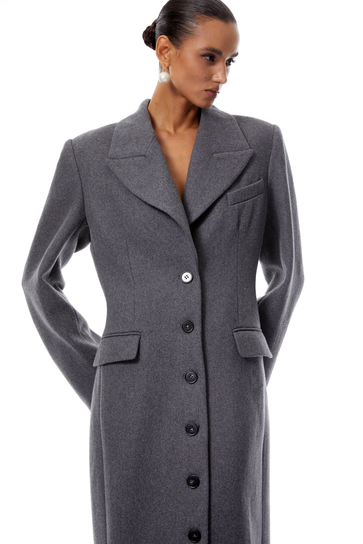 Leire Grey Single-Breasted Tweed Overcoat
