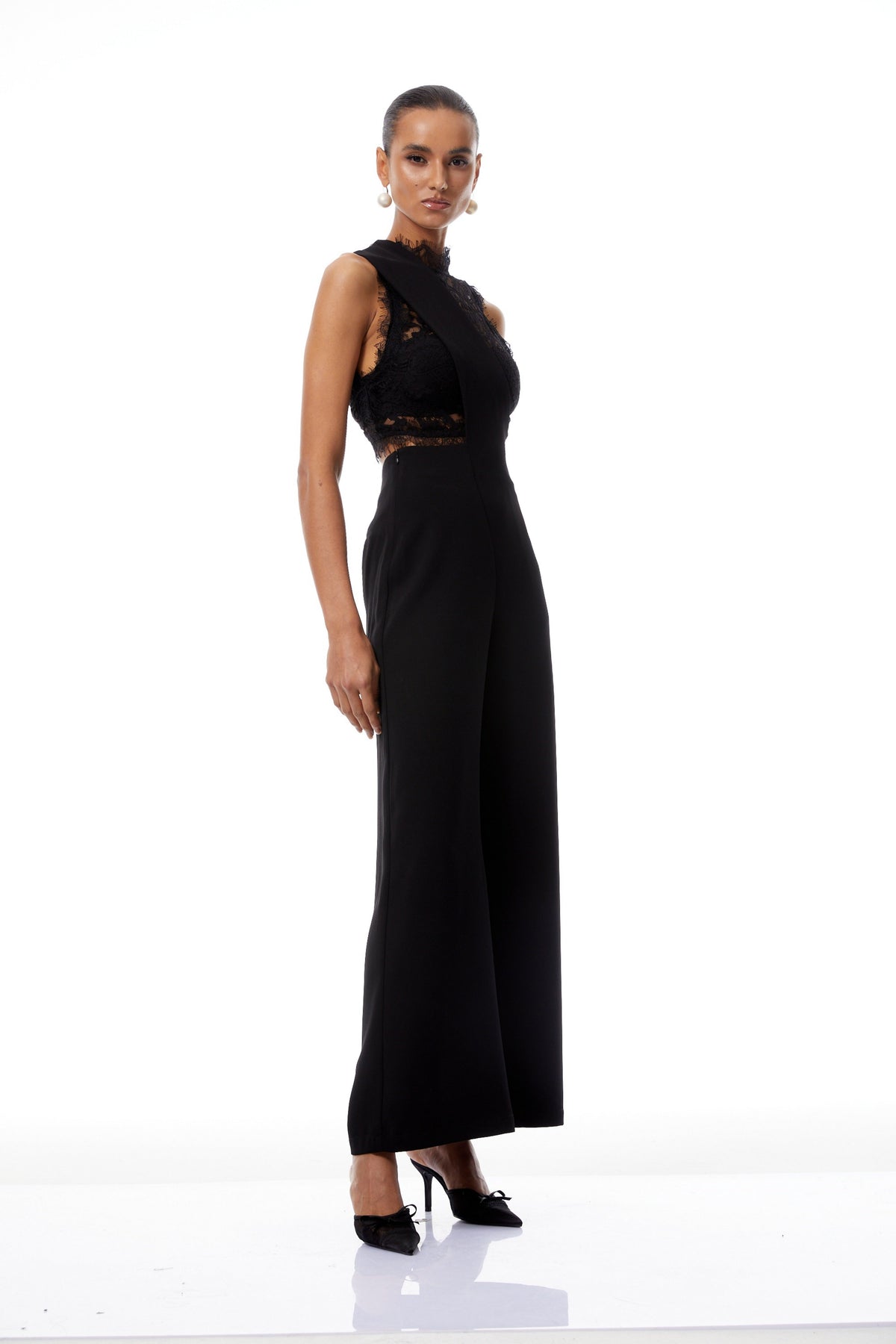 Mélisande Black Lace Top & Asymmetrical Strap Overalls Set