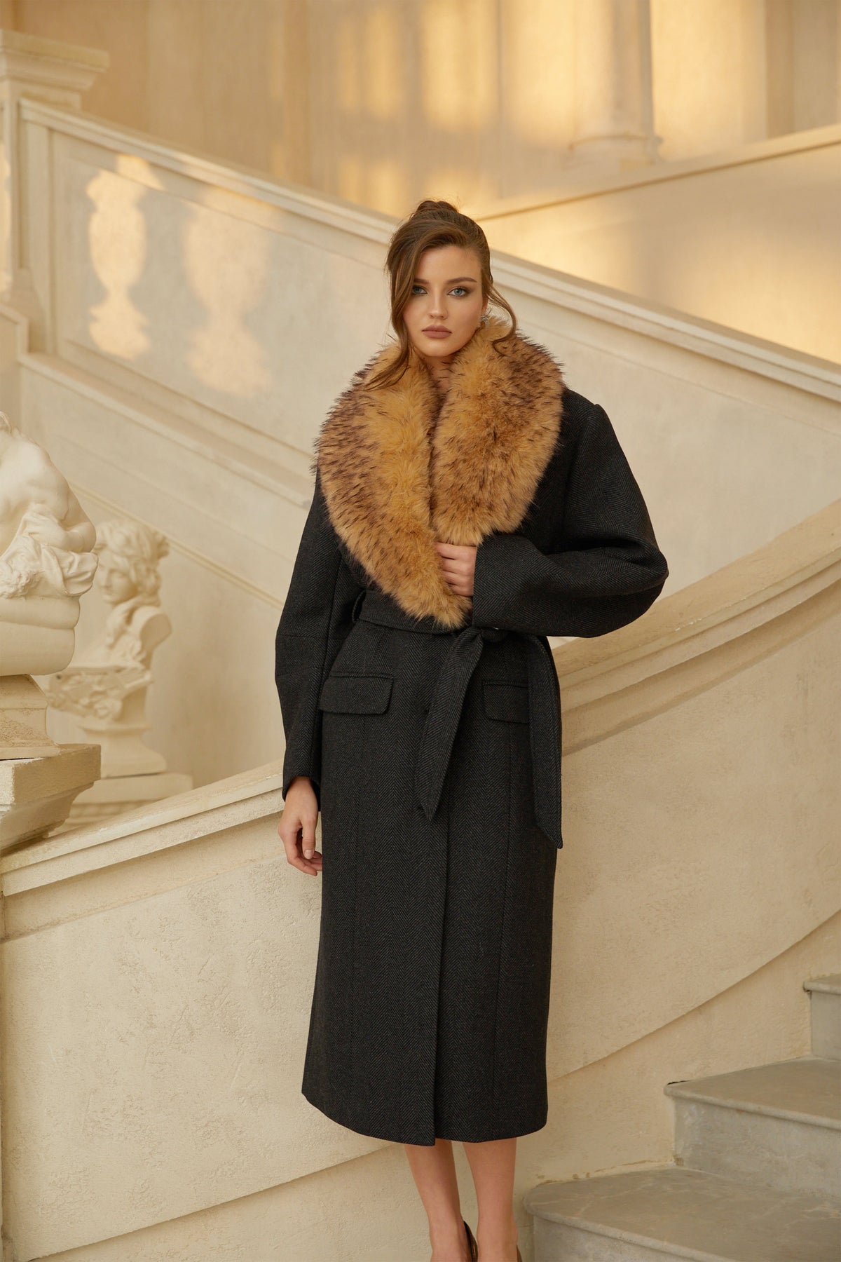 Fable Black Fur Lapel Long Tweed Coat (Final Sale)