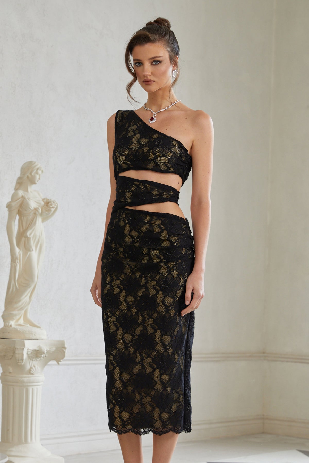 Bianca Black Cut Out Floral Lace Midi Dress