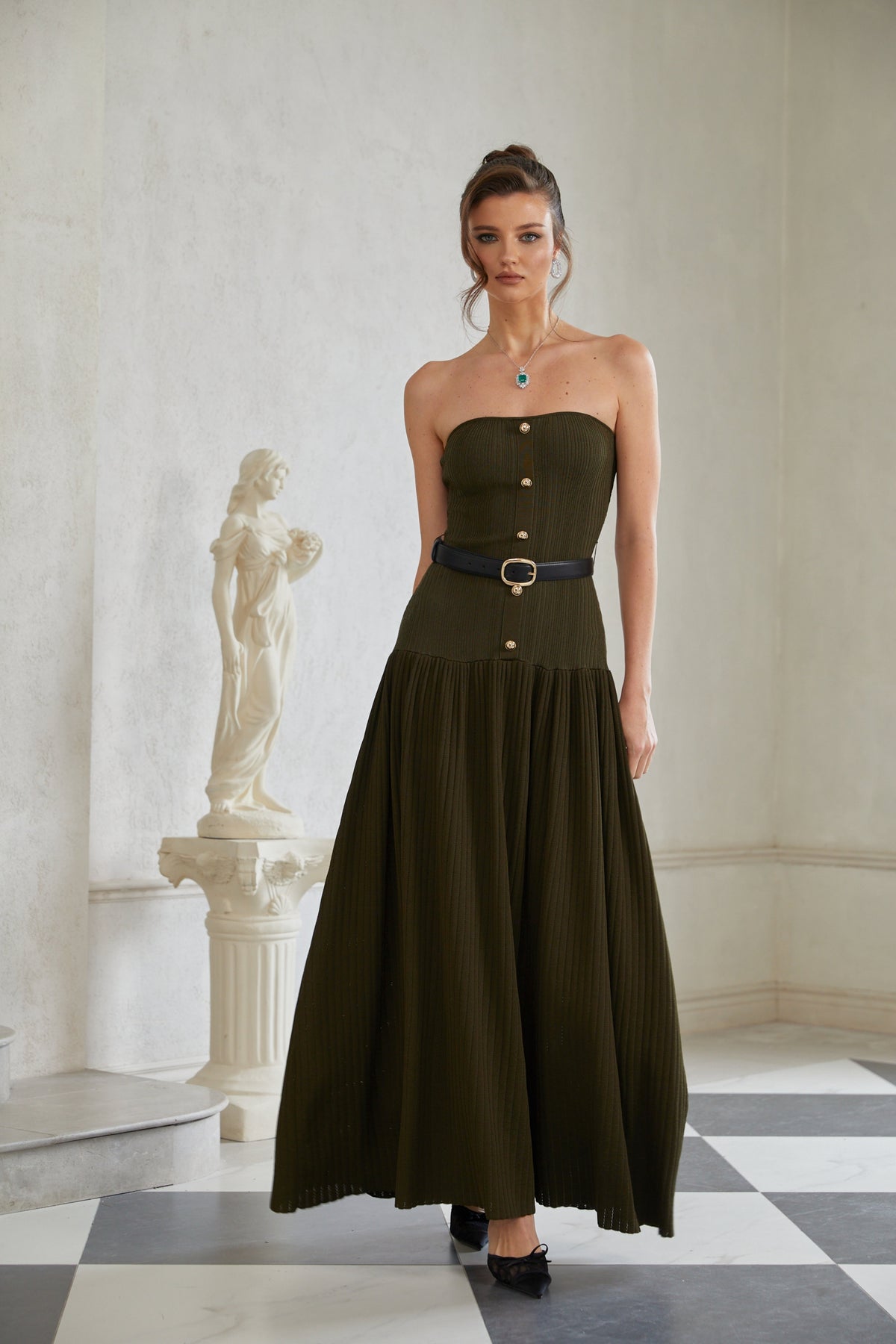 Lavinia Green Off Shoulder Ribbed Knit Maxi Dress
