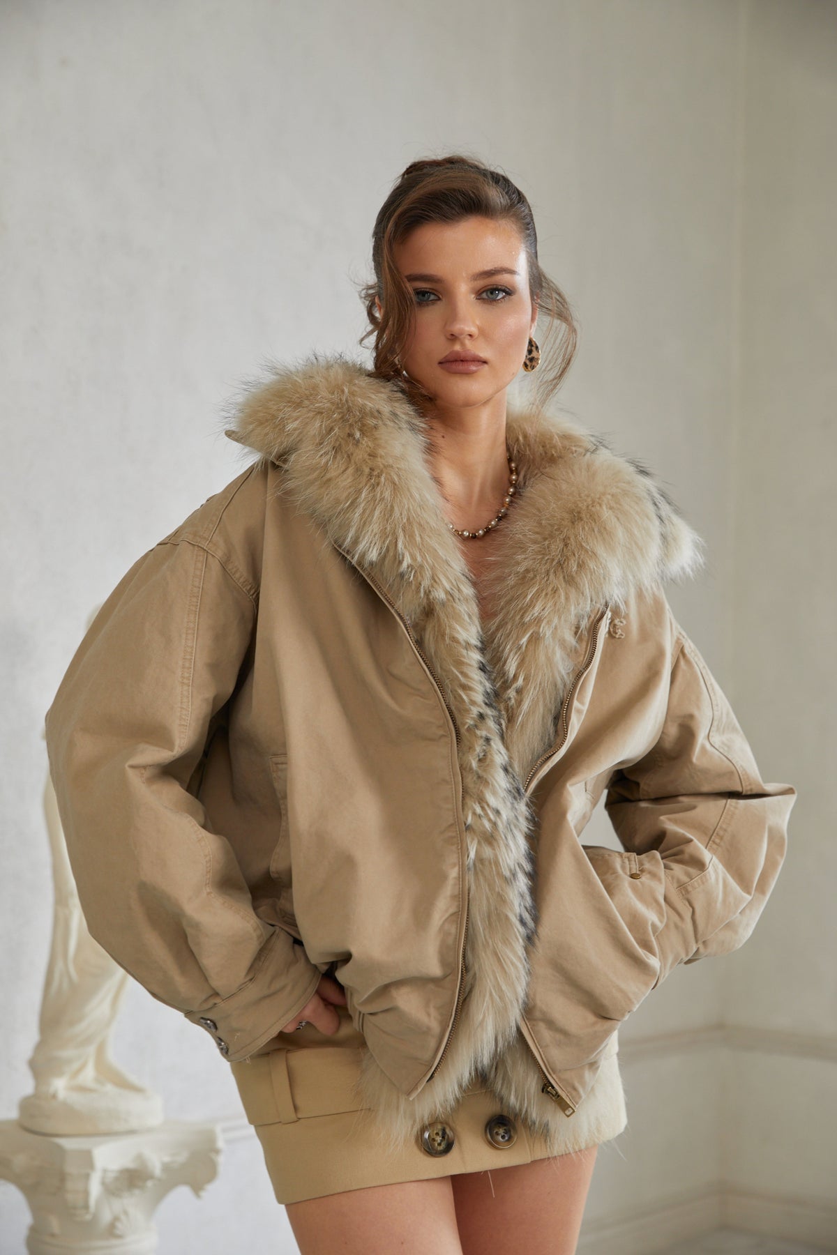 Rosanna Khaki Fur Panel Bomber Puffer Jacket