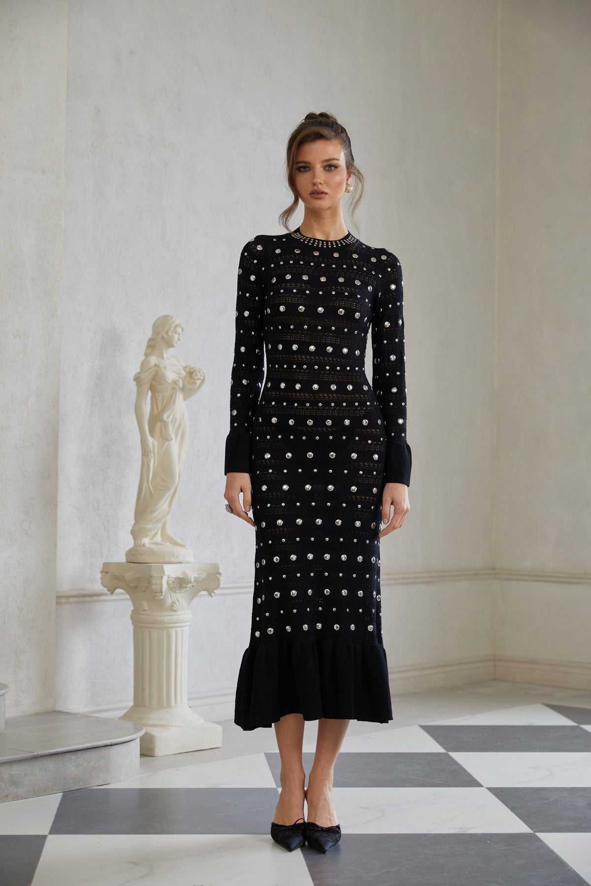 Chloé Black Long Sleeve Studded Crochet Knit Midi dress (Final Sale)