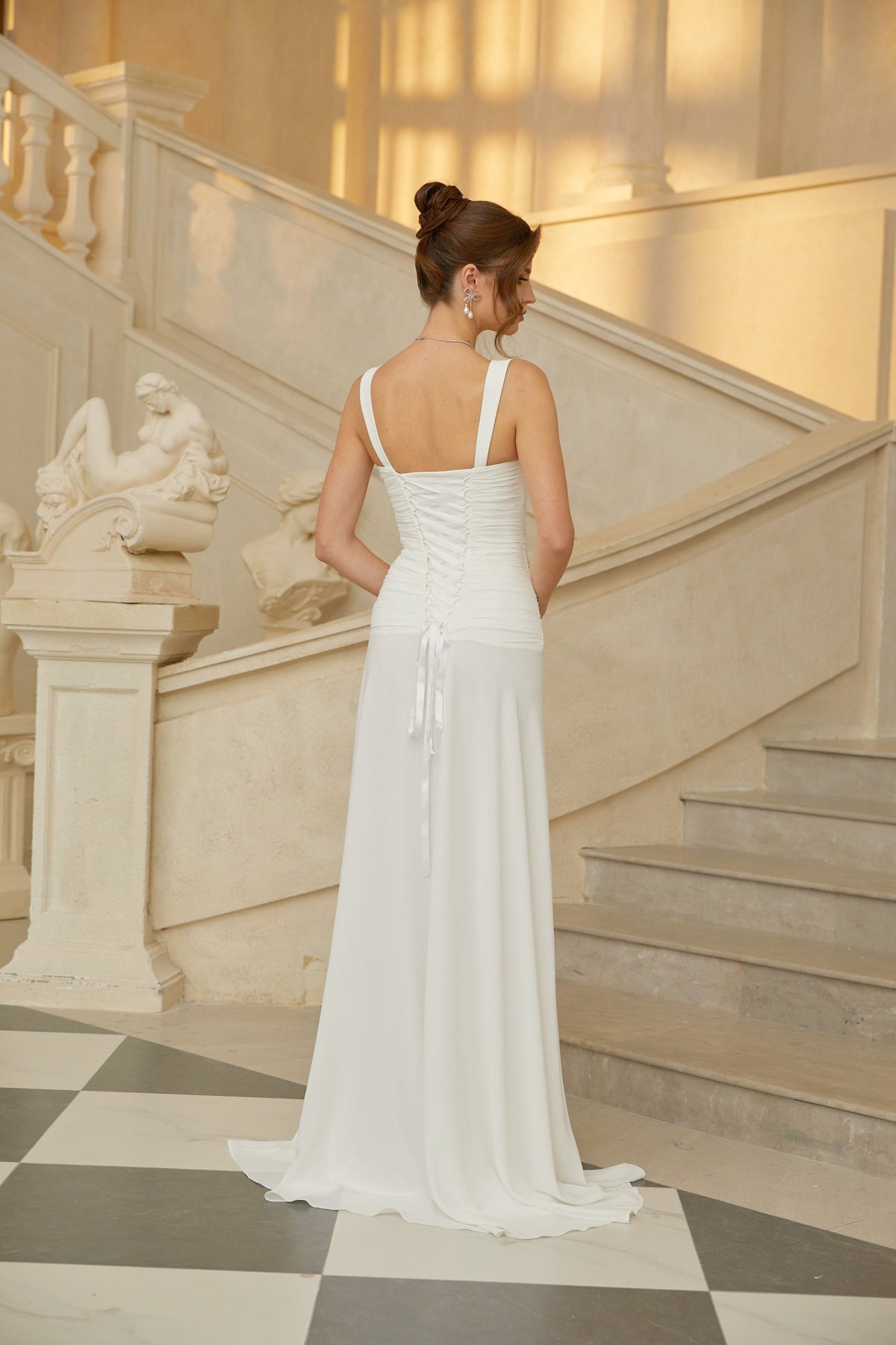 Sidonie White Ruched Lace-up Maxi Dress (Final Sale-US Only)