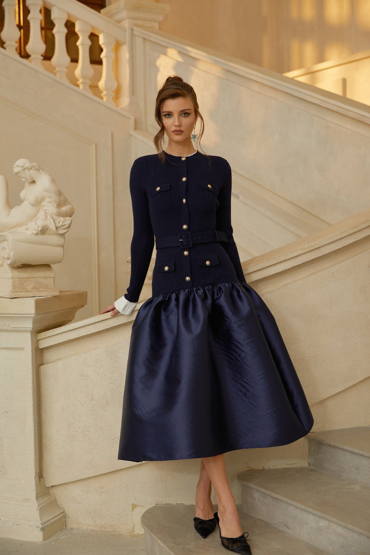 Fern Navy Blue Satin Panel Knit Midi Dress (Final Sale-US Only)