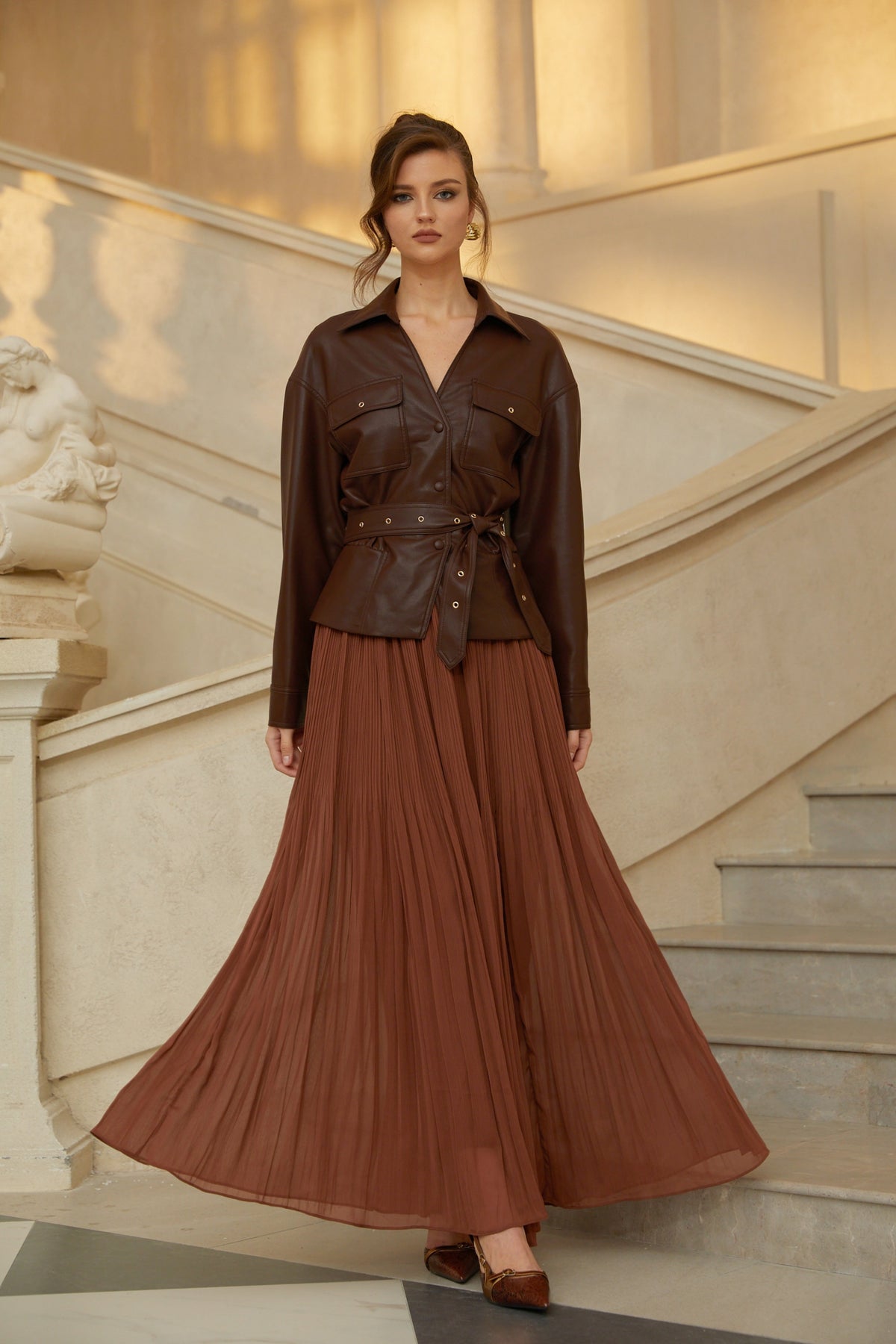 Hulda Brown Leather Jacket & Pleated Skirt Set