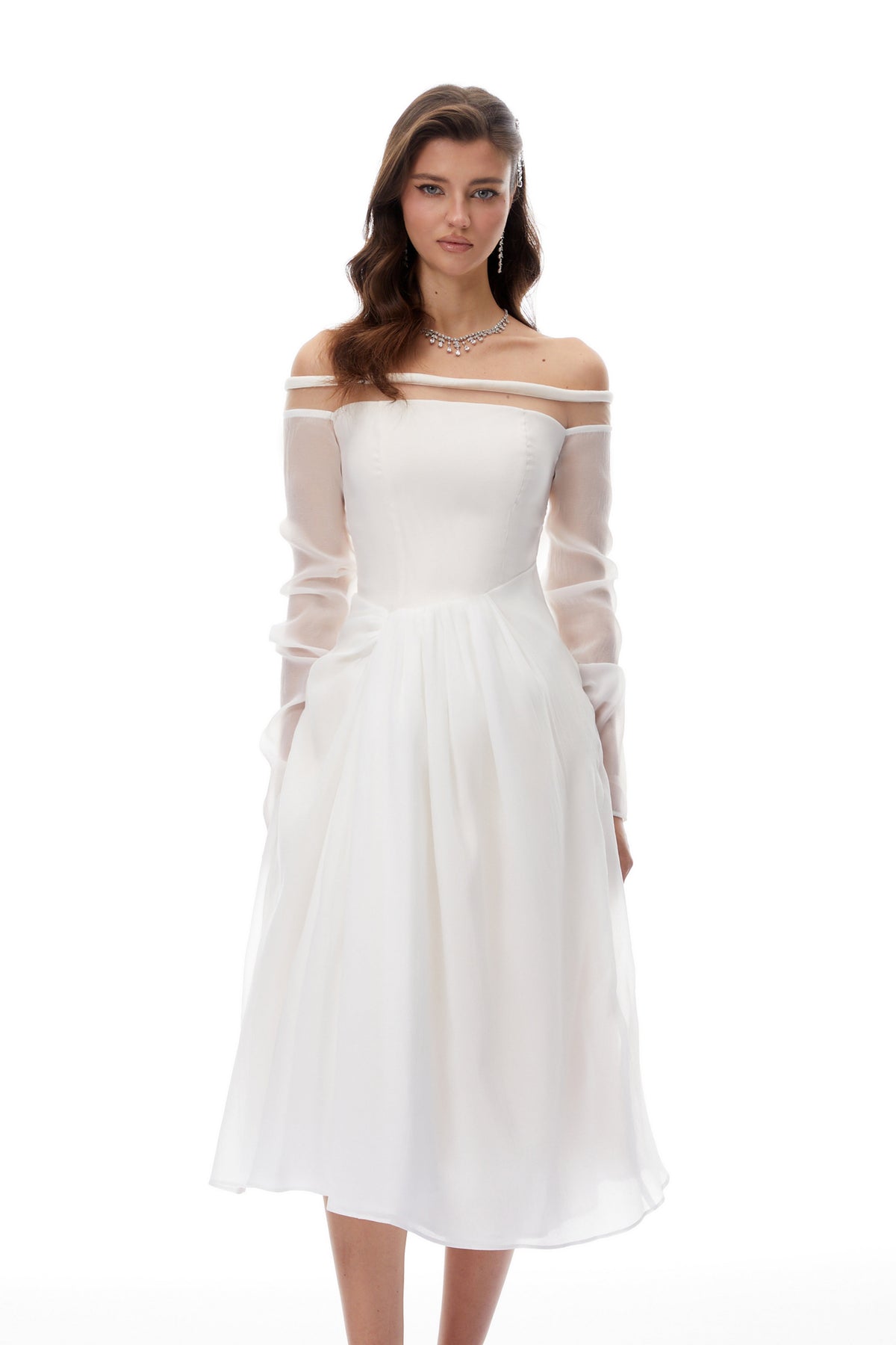 Gelsomina White Gathered Crepe Midi Dress