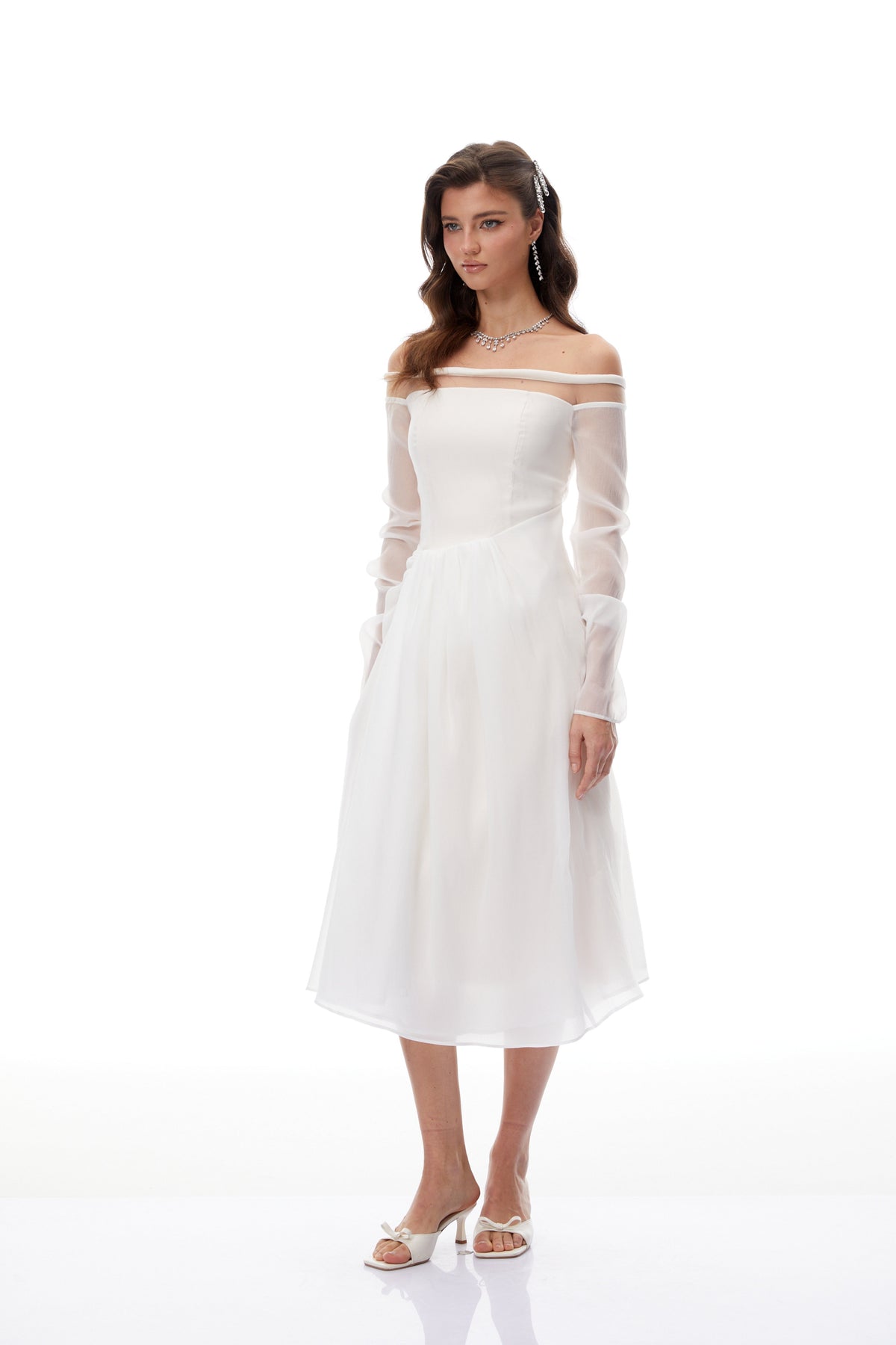 Gelsomina White Gathered Crepe Midi Dress