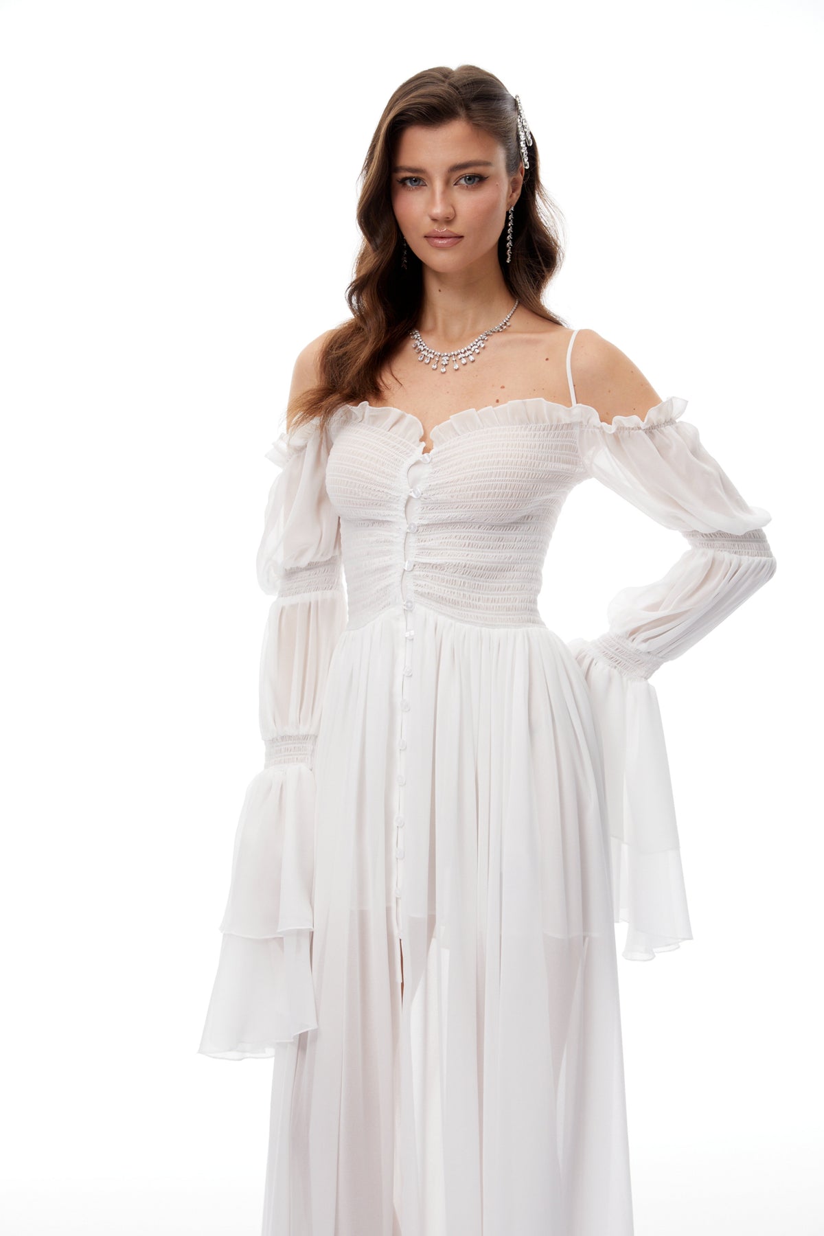 Stefania White Smocked Shirred Chiffon Maxi Dress