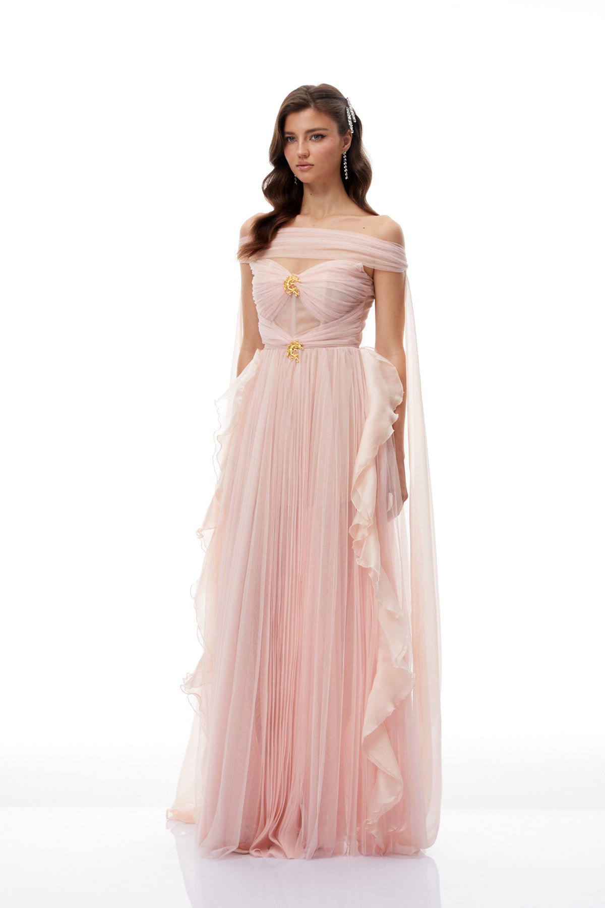 Emil Pink Ribbon Detail Pleated Tulle Maxi Dress