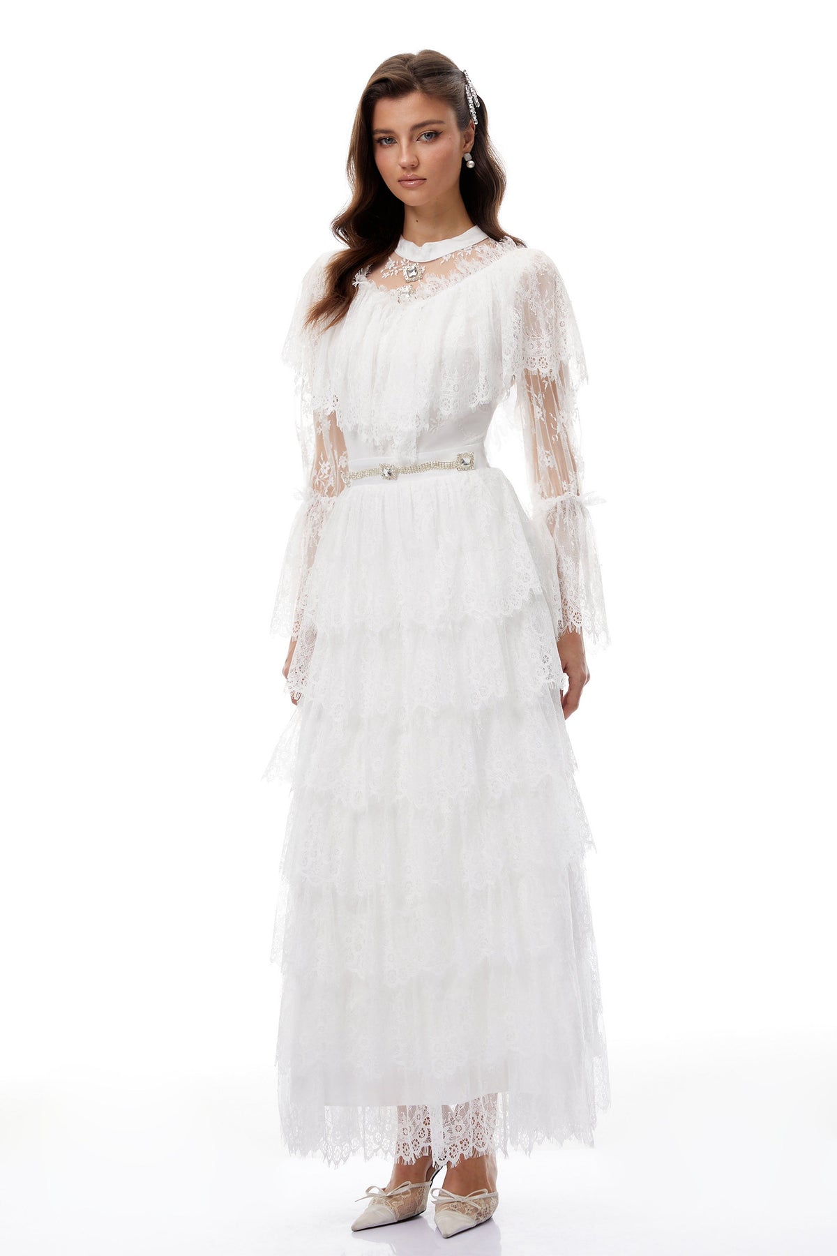 Quincy White Floral Lace Tiered Maxi Dress