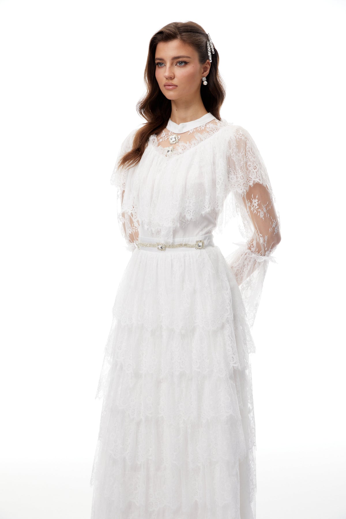 Quincy White Floral Lace Tiered Maxi Dress