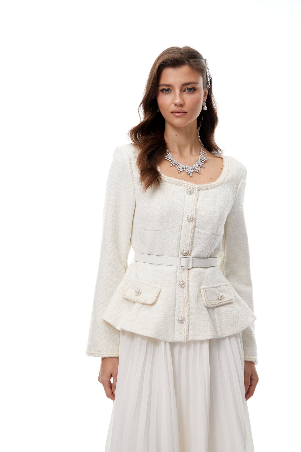 Iver White Lace Panel Tweed Midi Dress