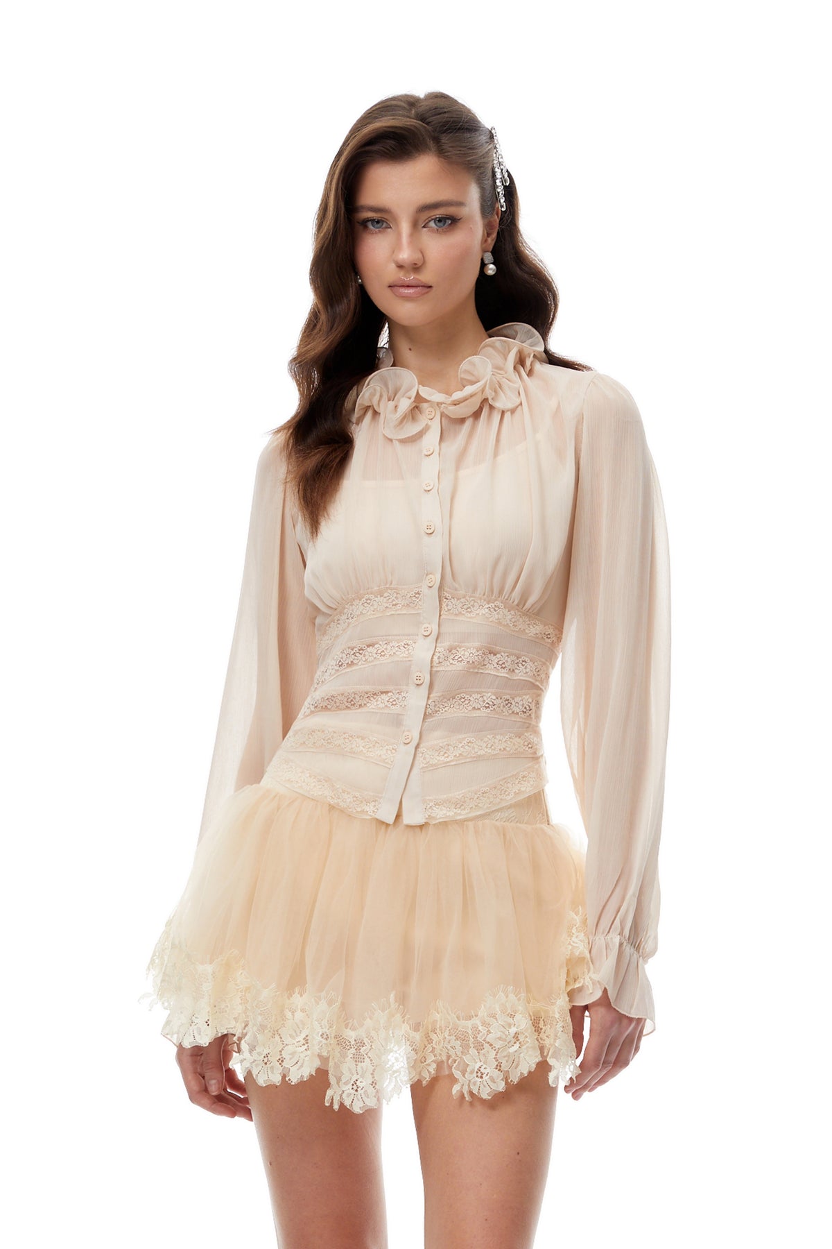 Erin Neutral Lace Panel Blouse & Skirt Set