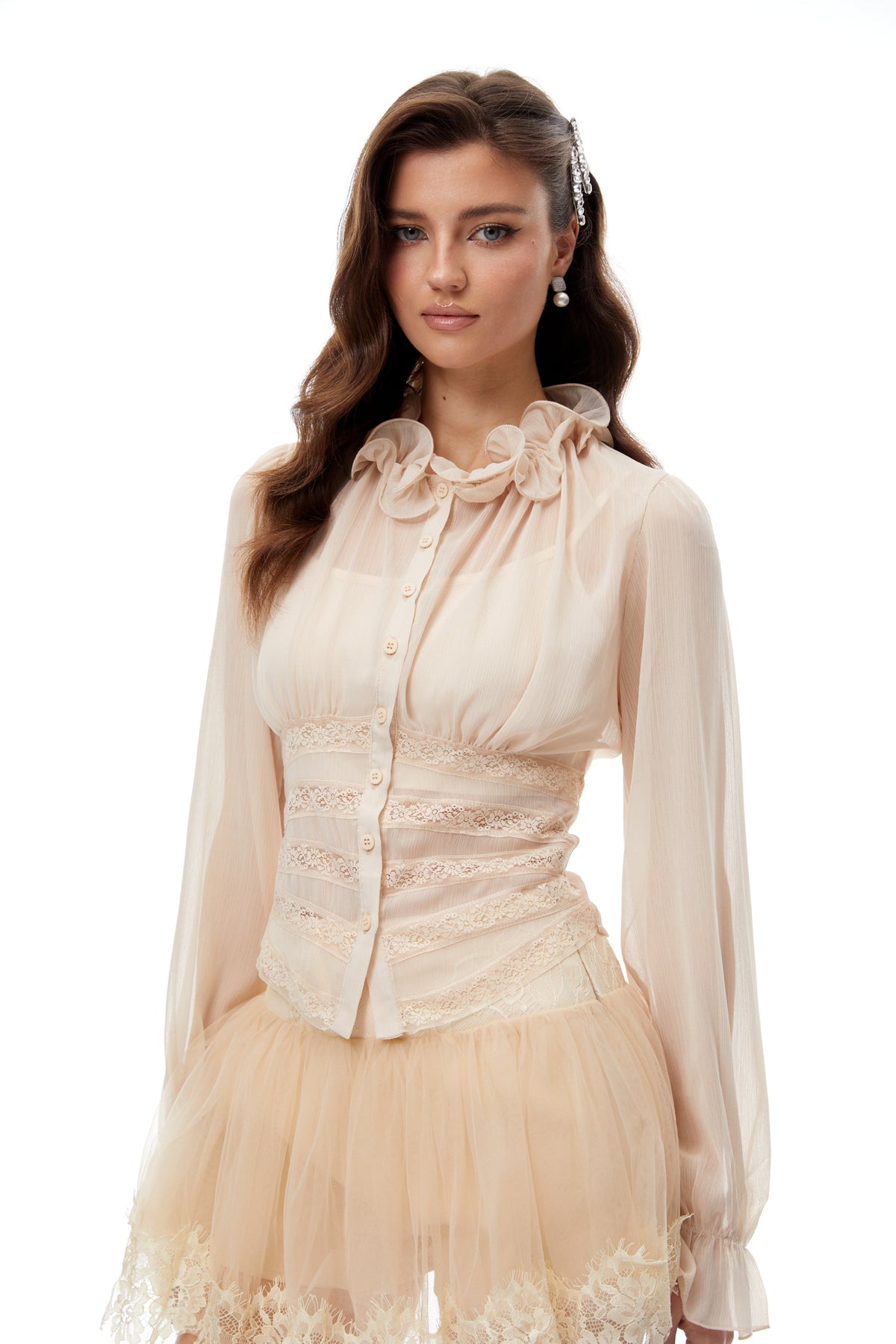 Erin Neutral Lace Panel Blouse & Skirt Set