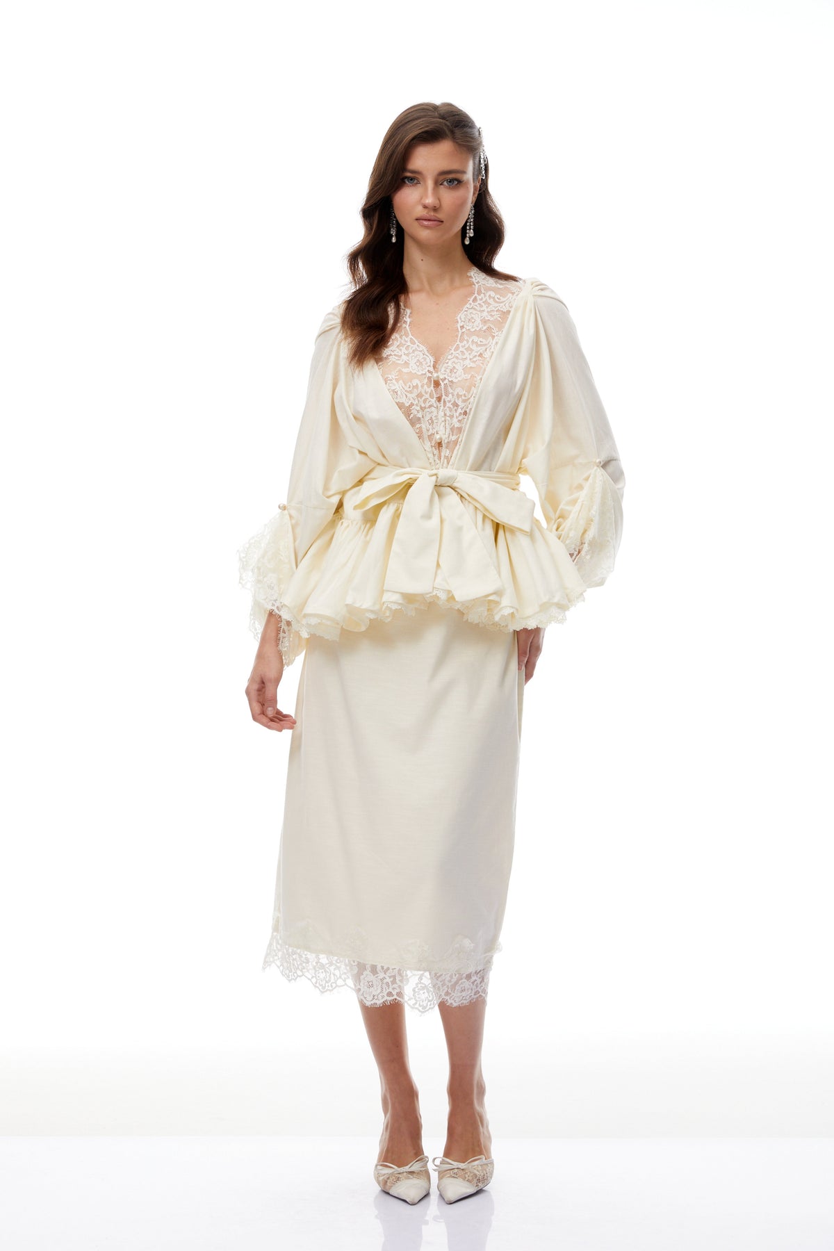 Madge White Lace Panel Blouse & Skirt Set