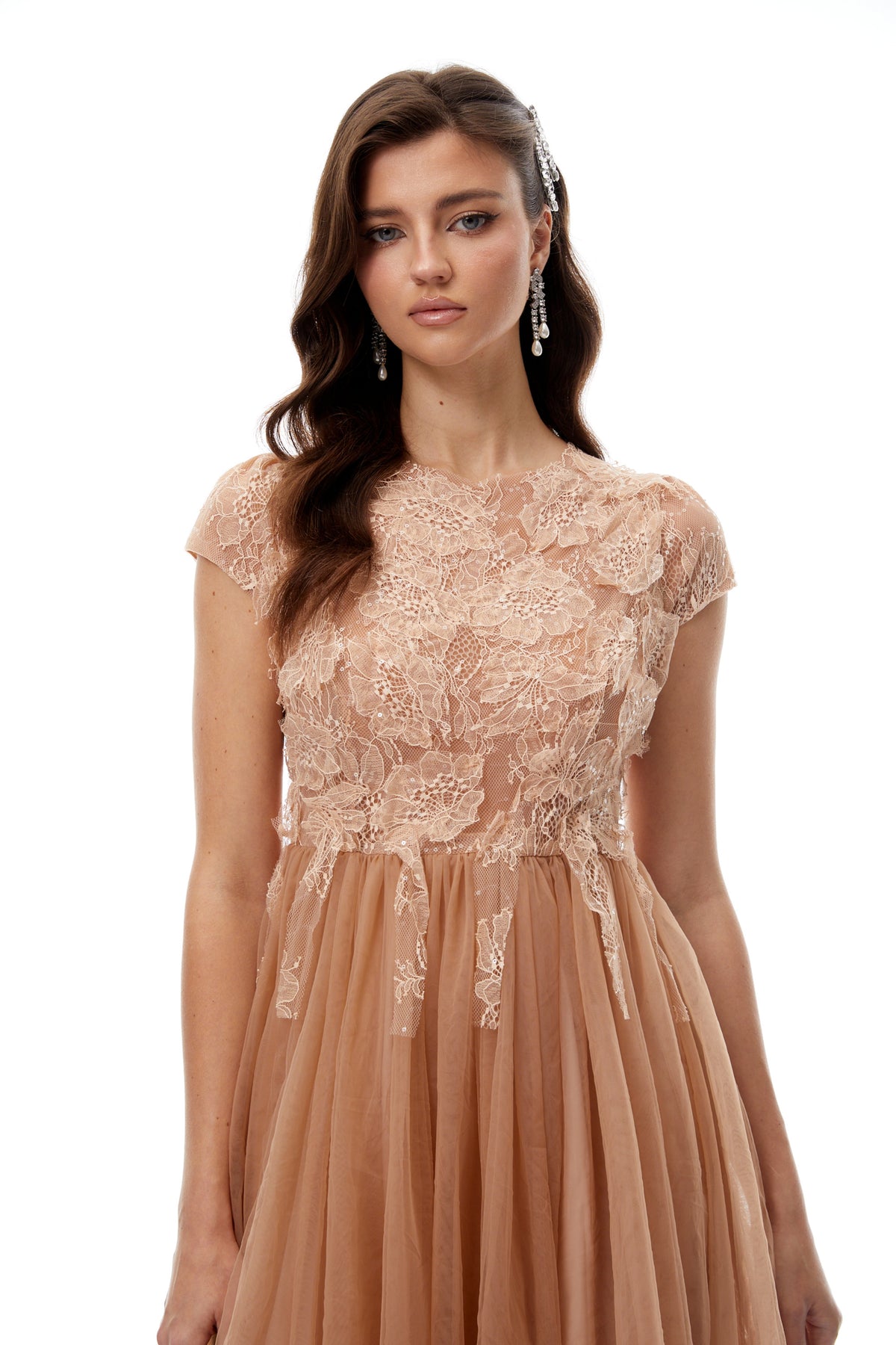 Fern Brown Lace Panel Tulle Midi Dress (Final Sale)