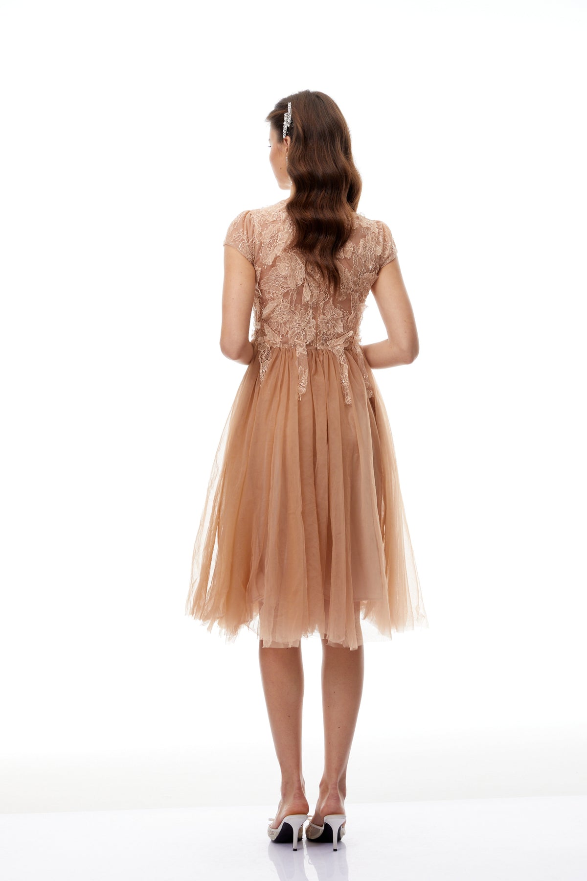 Fern Brown Lace Panel Tulle Midi Dress