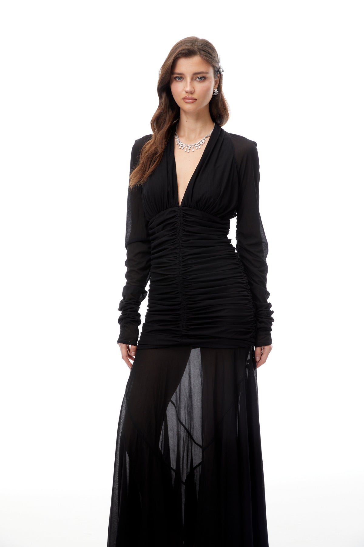 Greta Black Ruched Sheer Mesh Maxi Dress