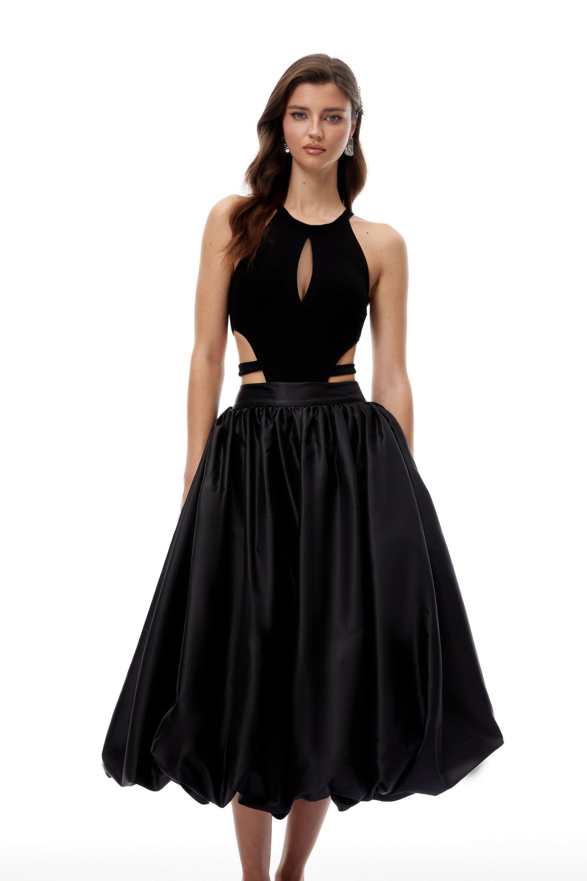 Peder Black Shirred Bubble Hem Midi Skirt (Final Sale)