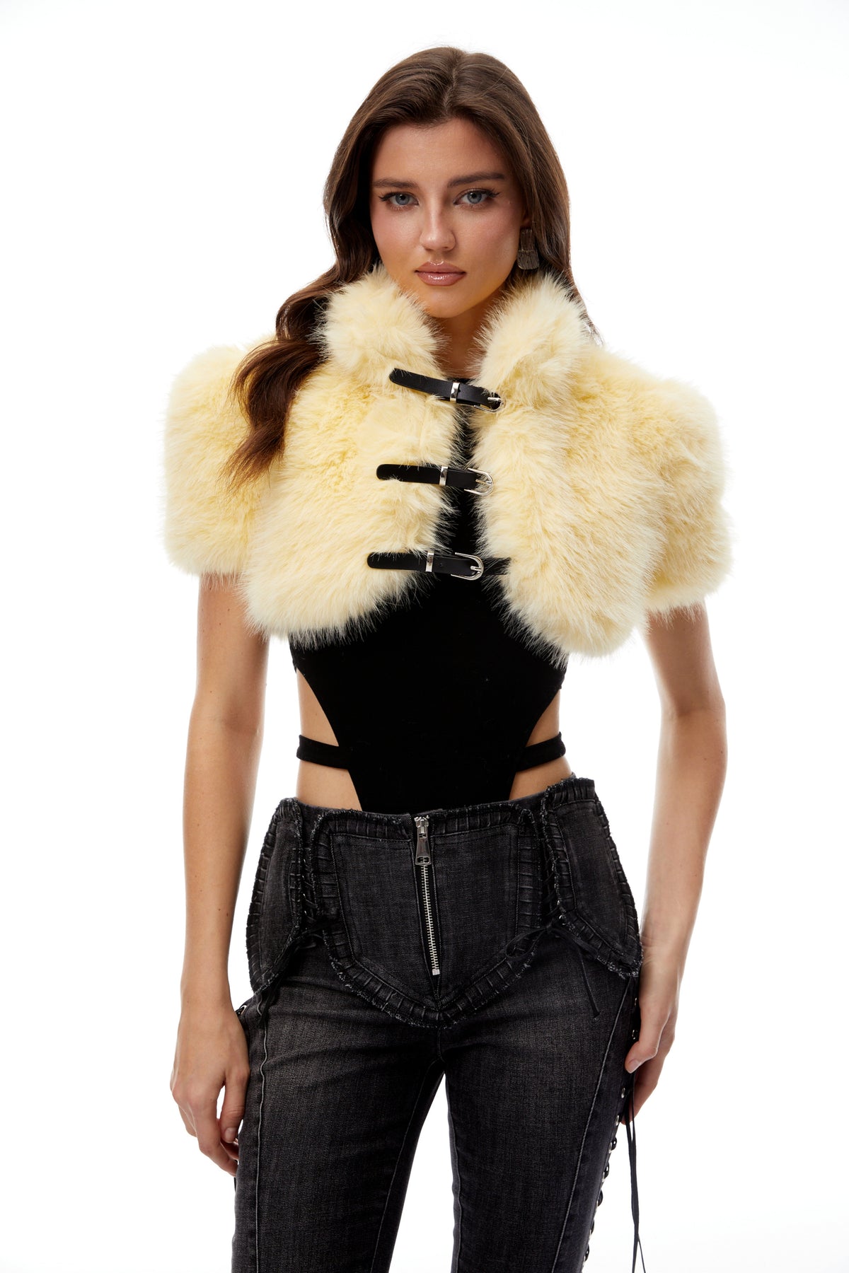 Susanna Yellow Faux Fur Buckle Up Shrug