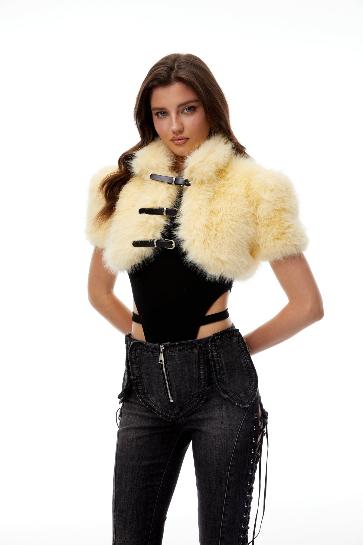 Susanna Yellow Faux Fur Buckle Up Shrug