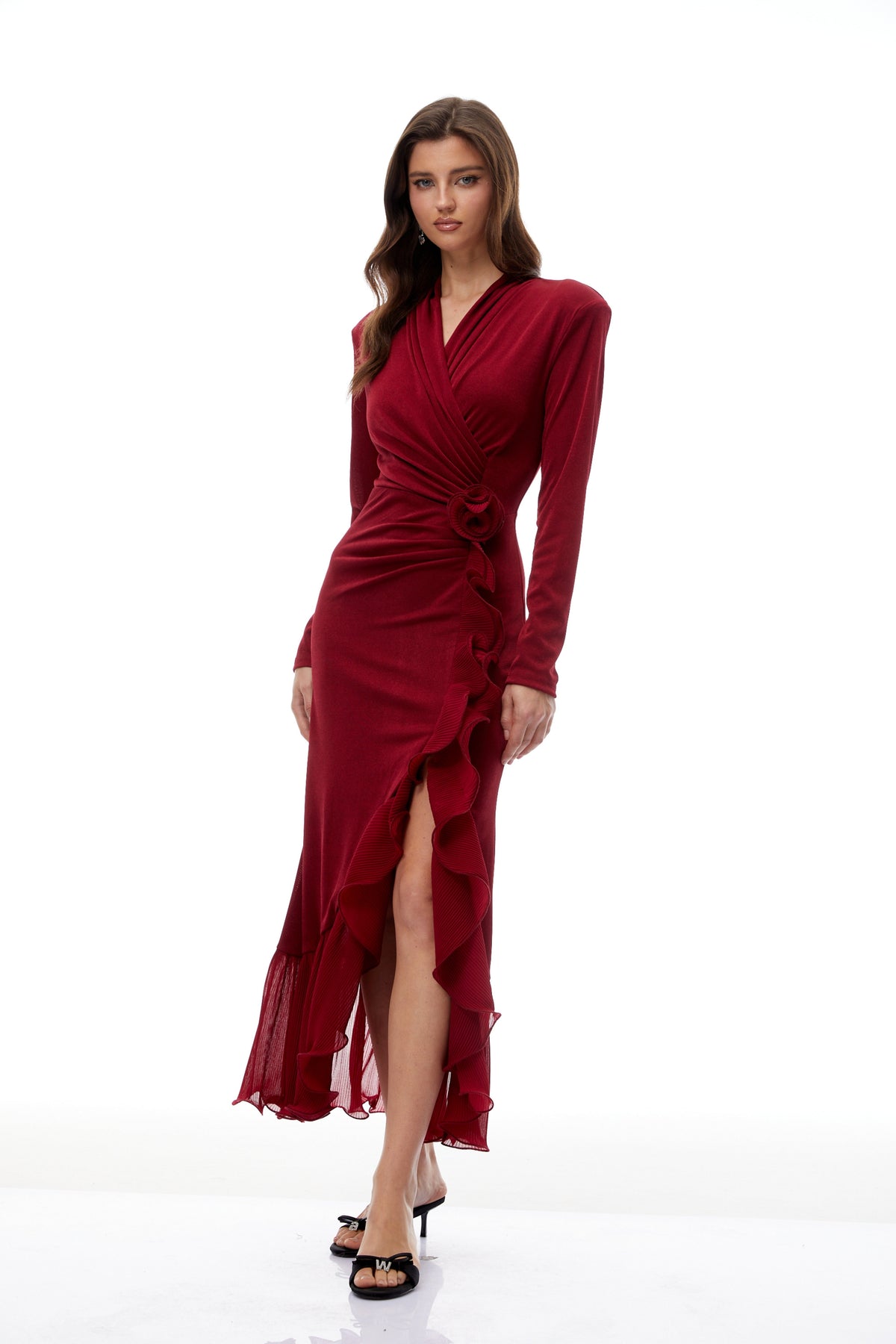 Synne Red Ruffled Gathered Knit Midi Dress