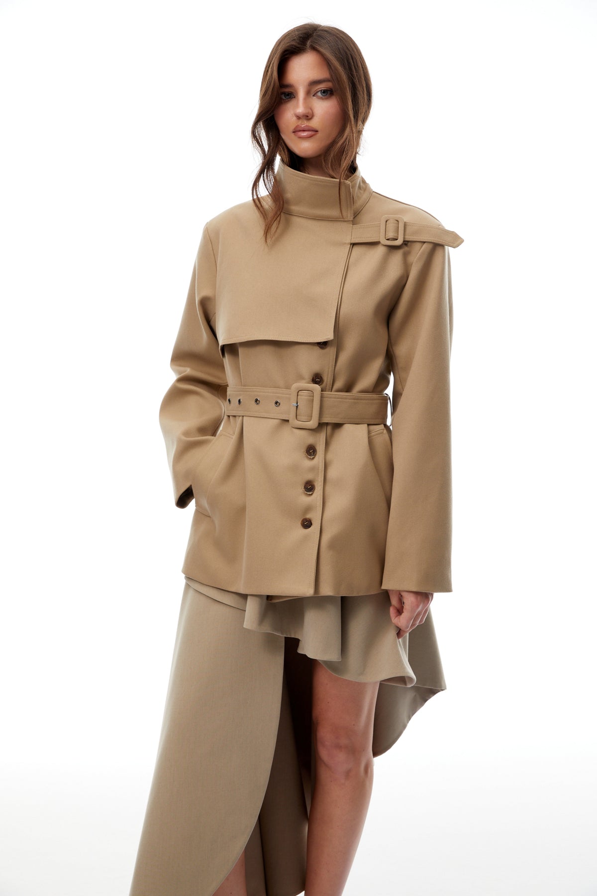 Daria Khaki Belted Asymmetrical Trench Coat