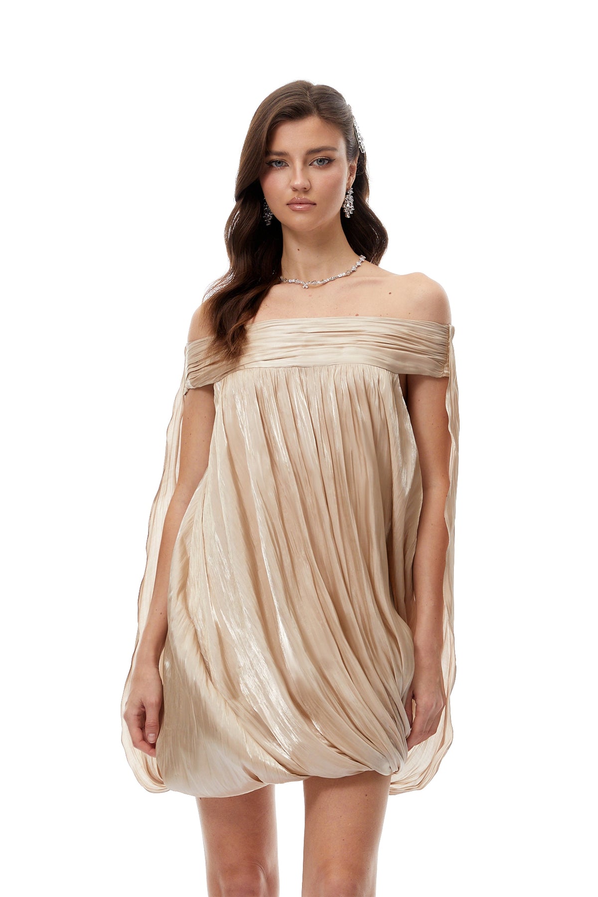 Anastasia Neutral Draped Glossy Mini Dress