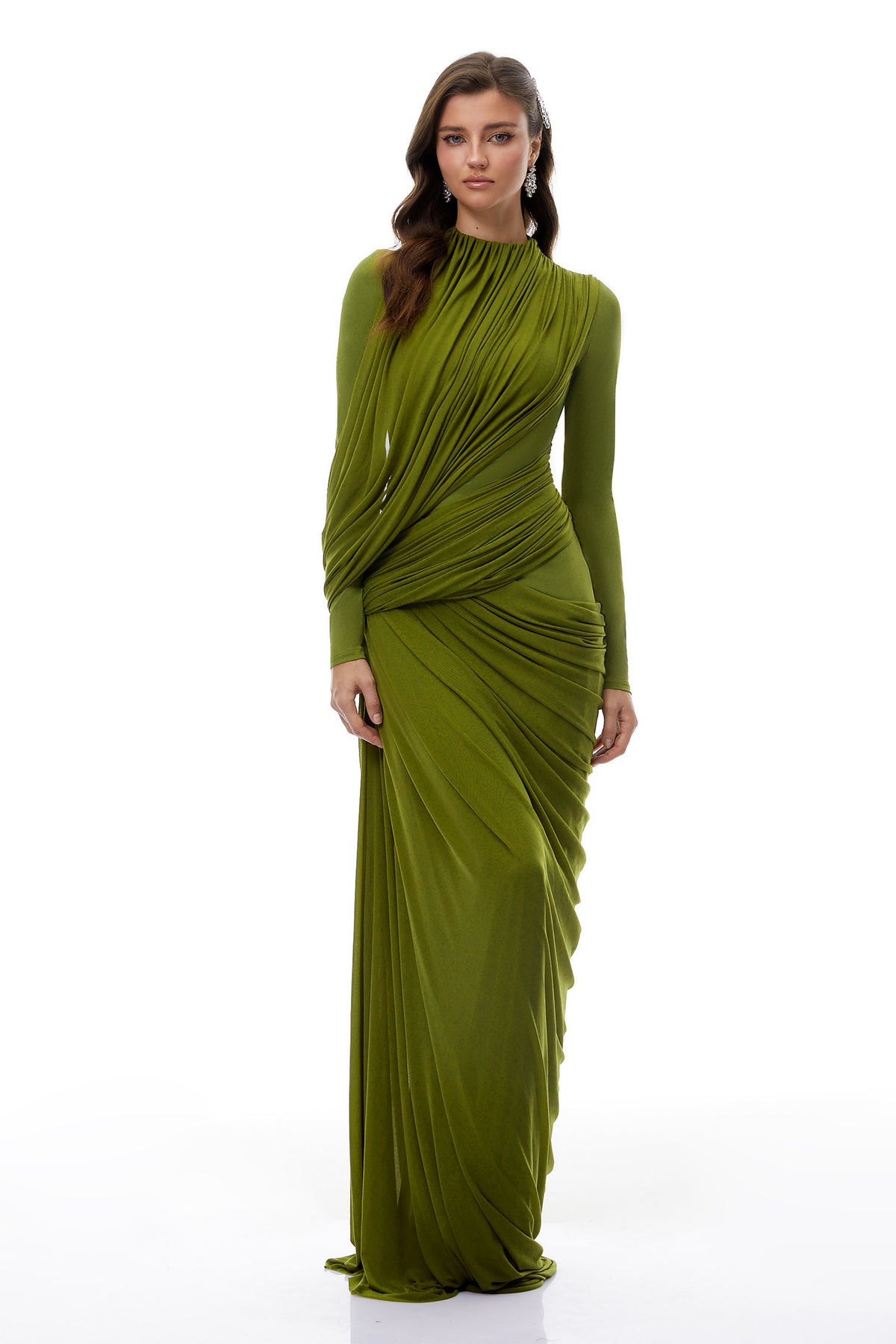 Arlette Green Asymmetrical Ruched Maxi Dress (Final Sale-US Only)