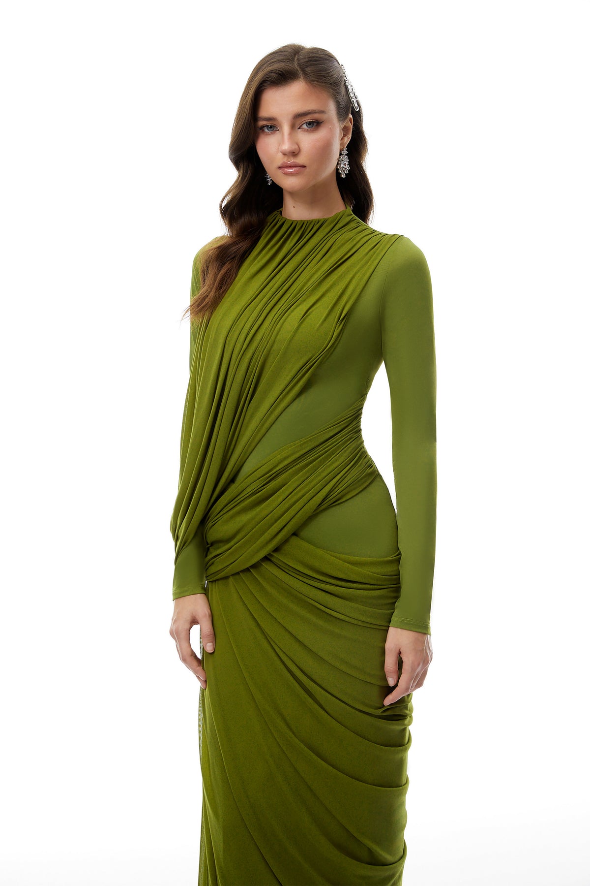 Arlette Green Asymmetrical Ruched Maxi Dress