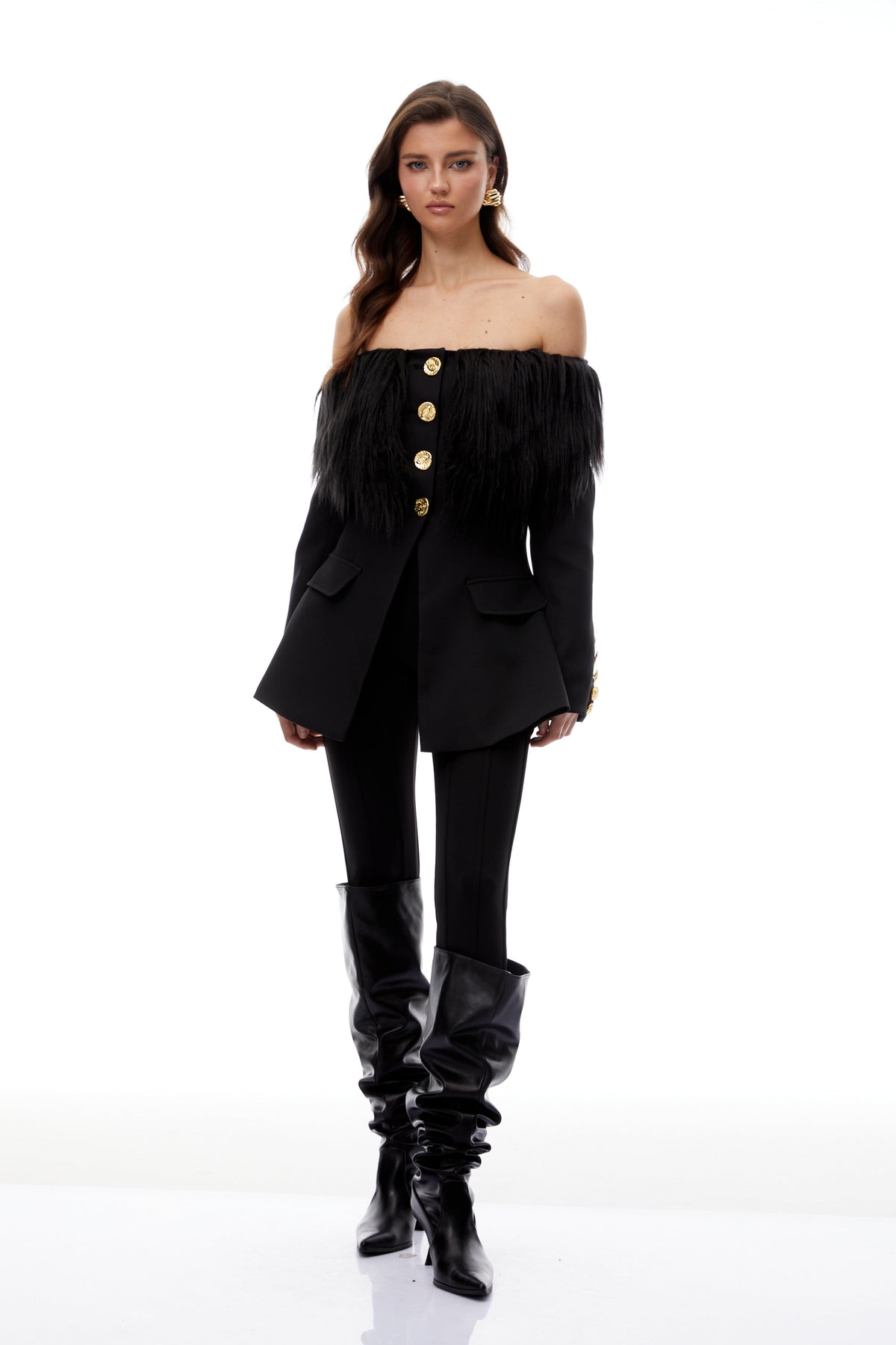 Nelly Black Off Shoulder Fur Trim Blazer
